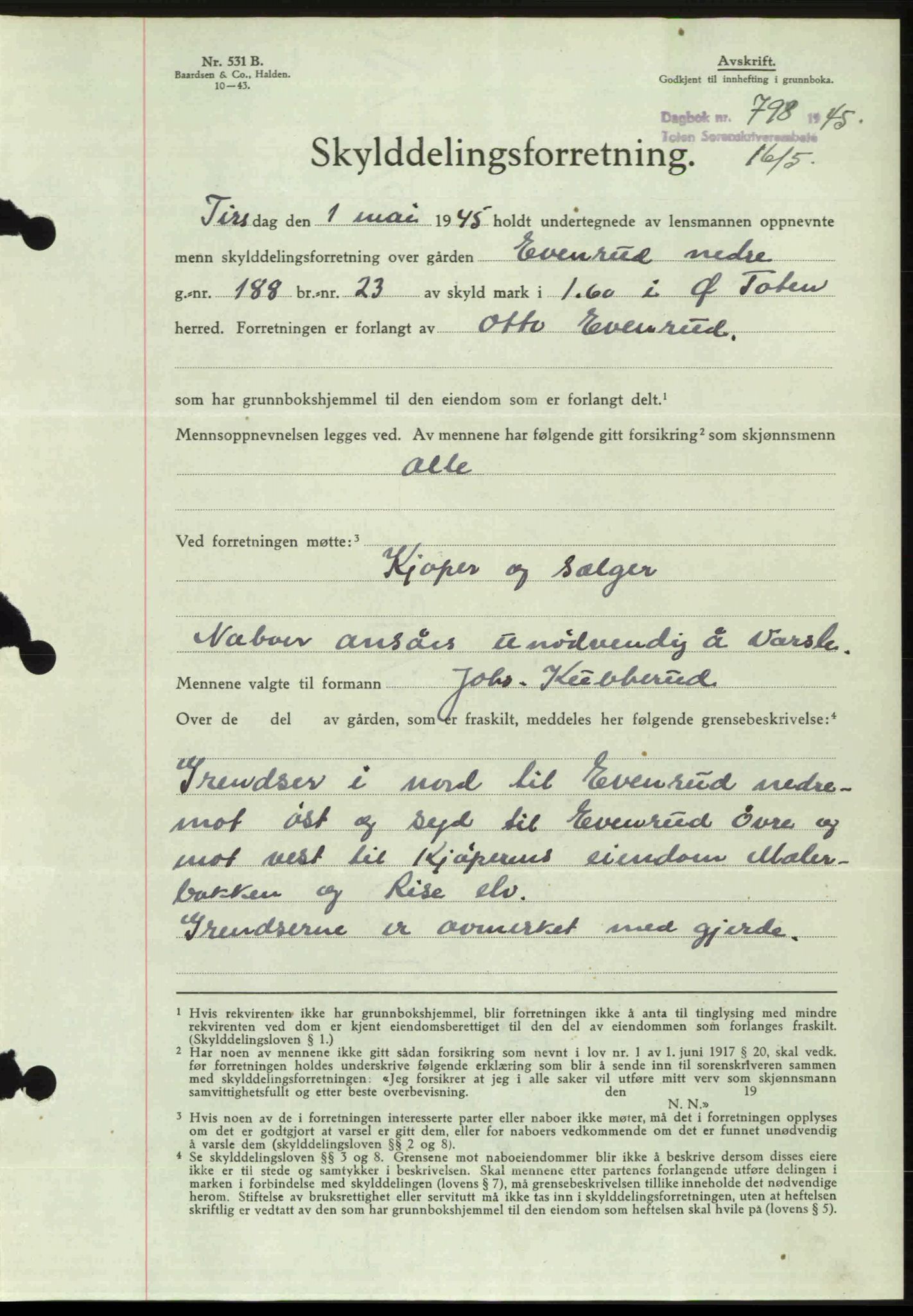 Toten tingrett, SAH/TING-006/H/Hb/Hbc/L0013: Mortgage book no. Hbc-13, 1945-1945, Diary no: : 798/1945