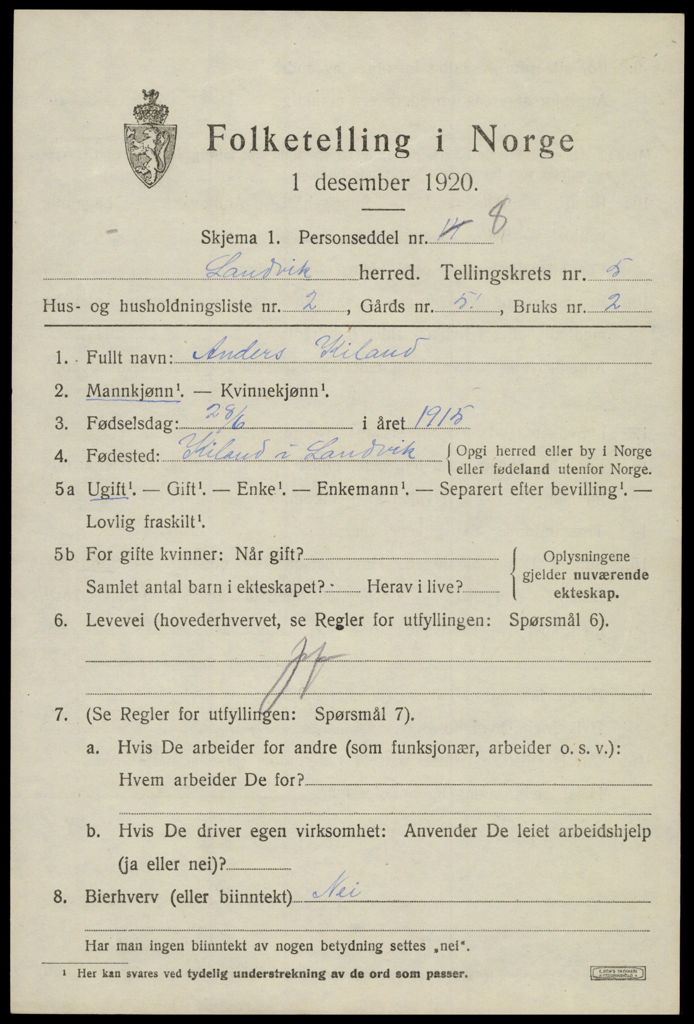SAK, 1920 census for Landvik, 1920, p. 4034