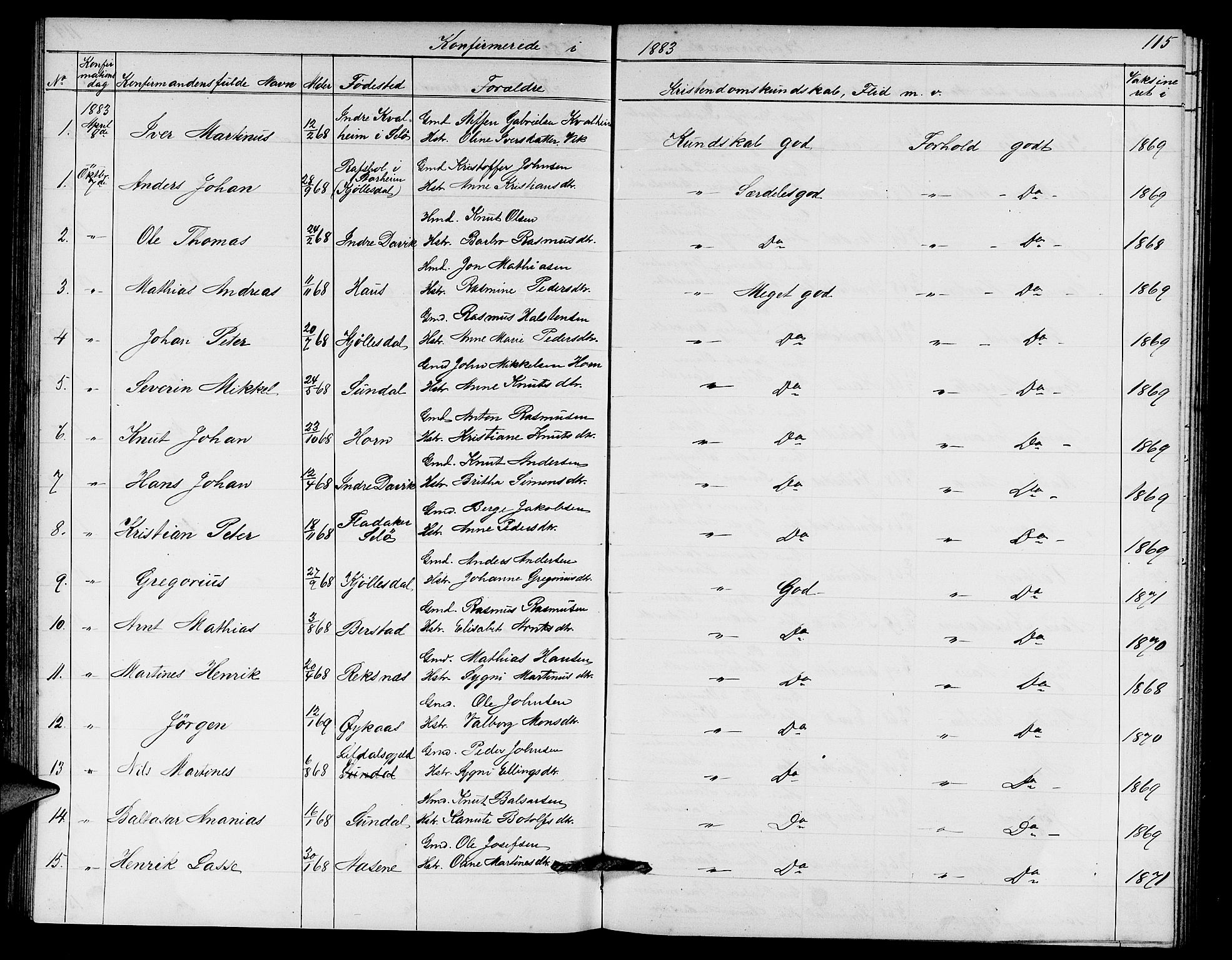 Davik sokneprestembete, AV/SAB-A-79701/H/Hab/Haba/L0001: Parish register (copy) no. A 1, 1866-1889, p. 115