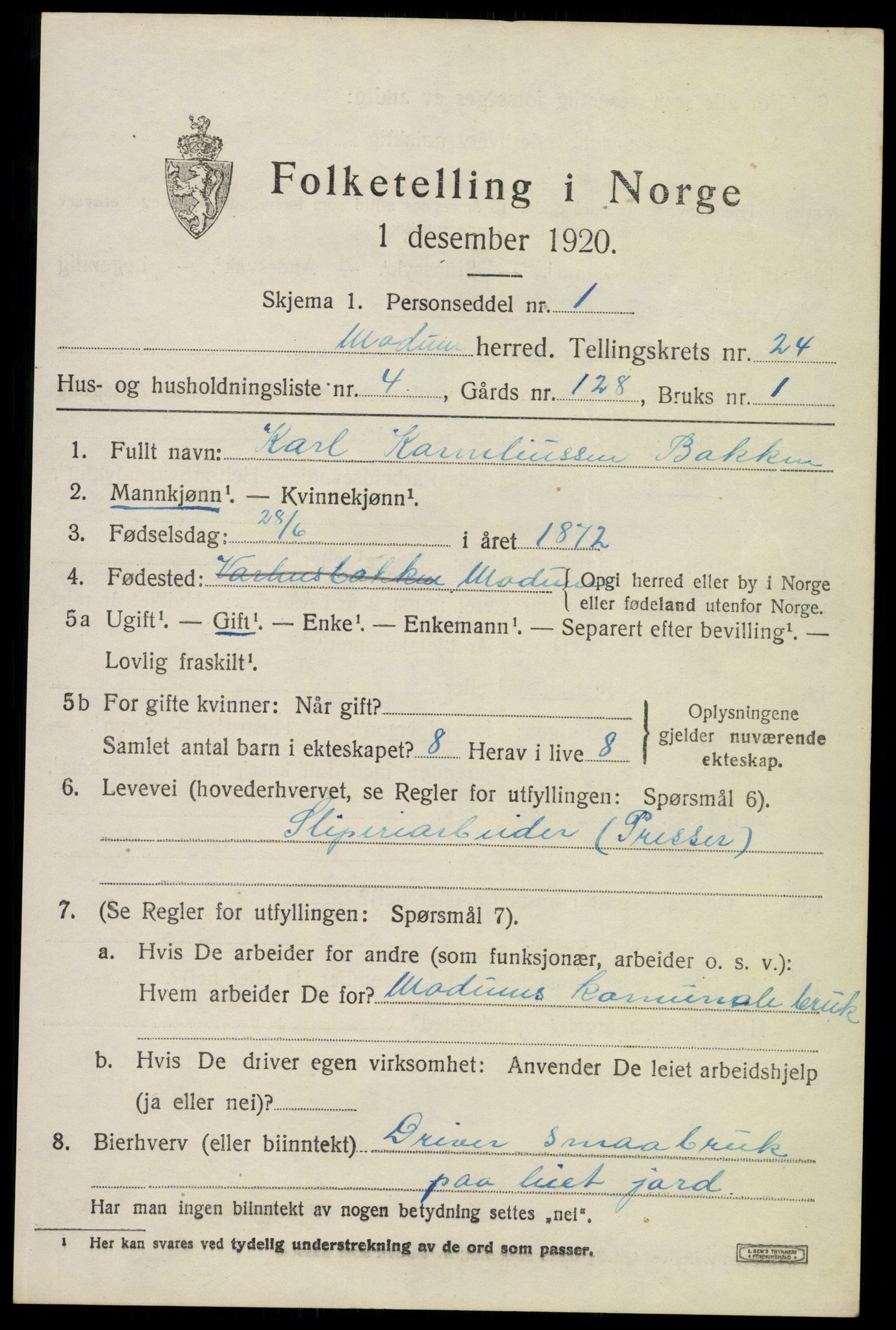 SAKO, 1920 census for Modum, 1920, p. 24313