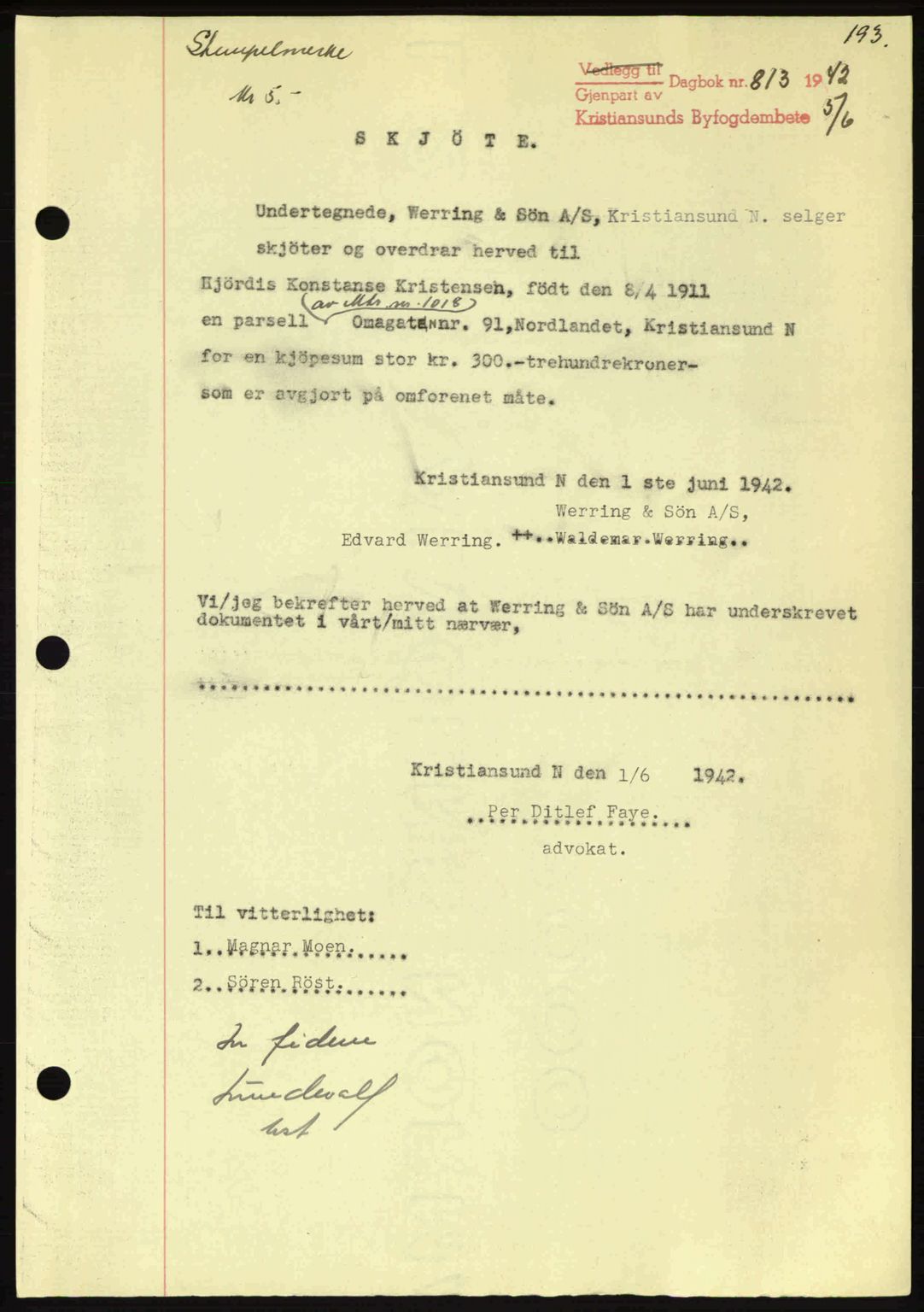Kristiansund byfogd, AV/SAT-A-4587/A/27: Mortgage book no. 34, 1941-1945, Diary no: : 813/1942