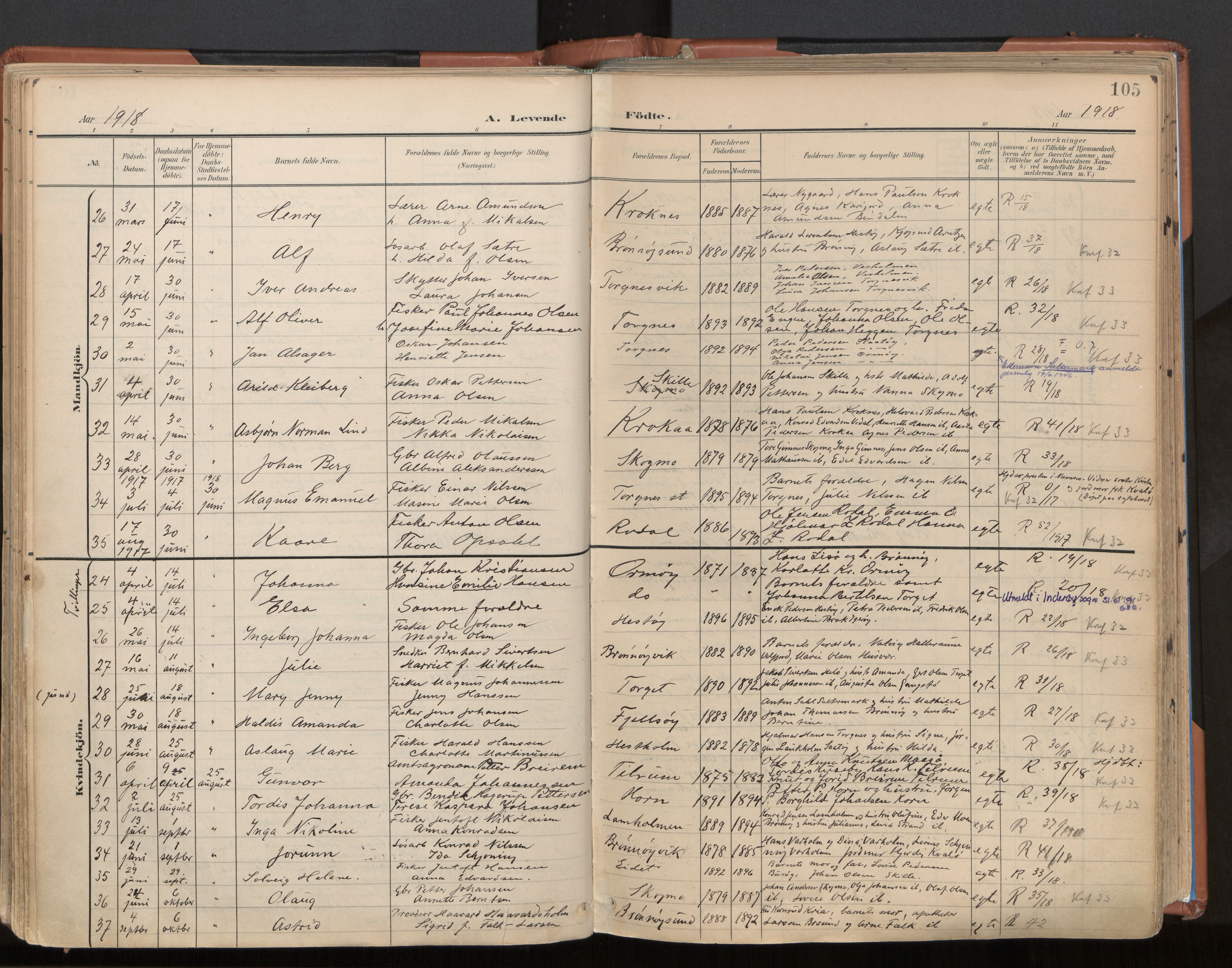 Ministerialprotokoller, klokkerbøker og fødselsregistre - Nordland, AV/SAT-A-1459/813/L0201: Parish register (official) no. 813A11, 1901-1918, p. 105