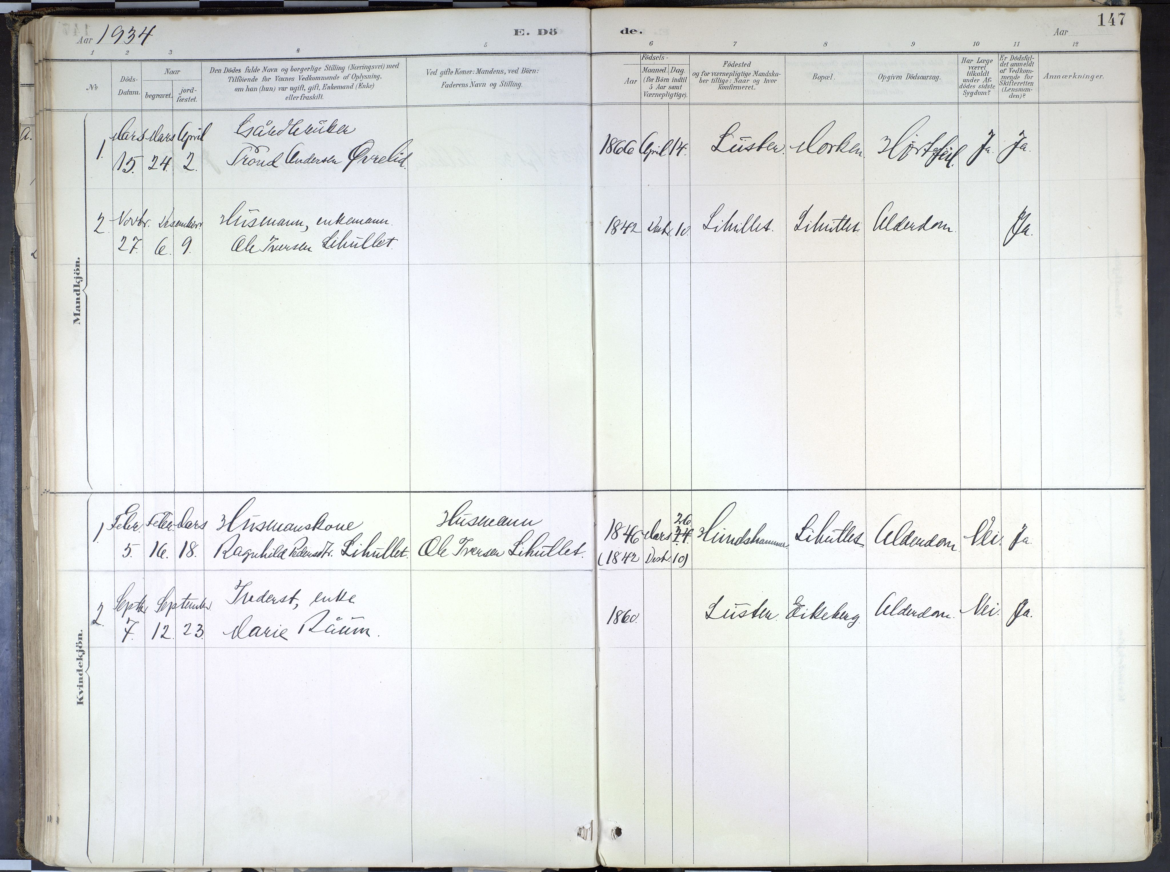 Hafslo sokneprestembete, AV/SAB-A-80301/H/Haa/Haad/L0001: Parish register (official) no. D 1, 1886-1934, p. 147