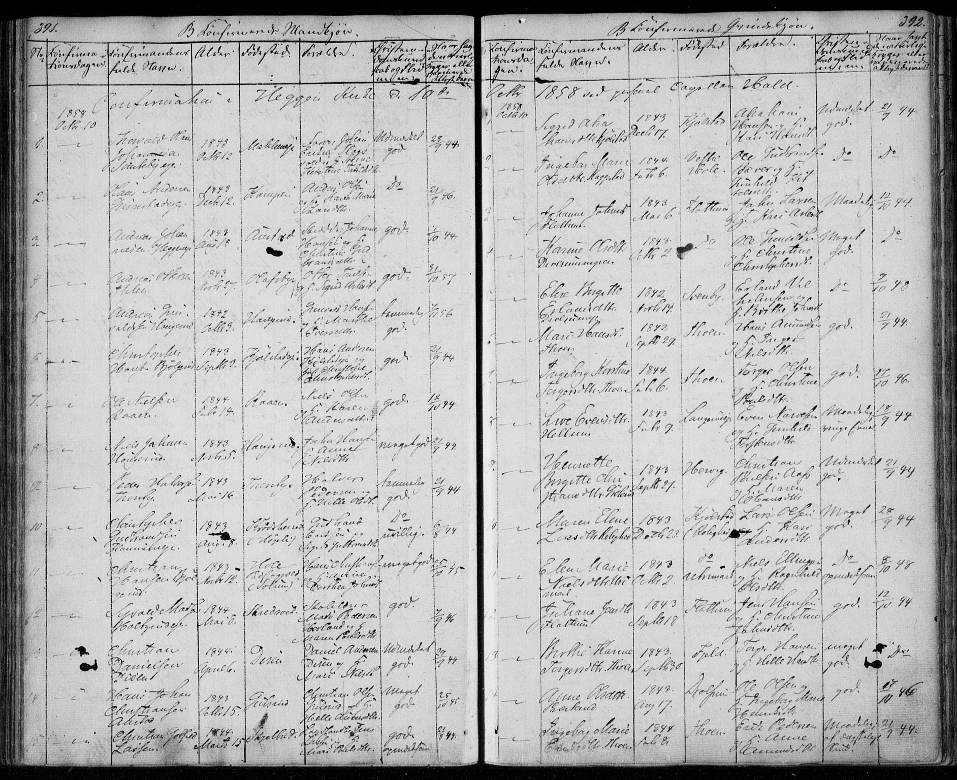 Modum kirkebøker, AV/SAKO-A-234/F/Fa/L0008: Parish register (official) no. 8, 1851-1859, p. 391-392