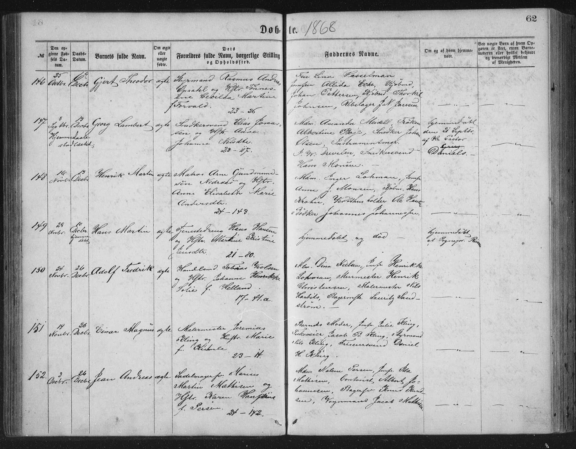 Korskirken sokneprestembete, SAB/A-76101/H/Haa/L0019: Parish register (official) no. B 5, 1866-1871, p. 62