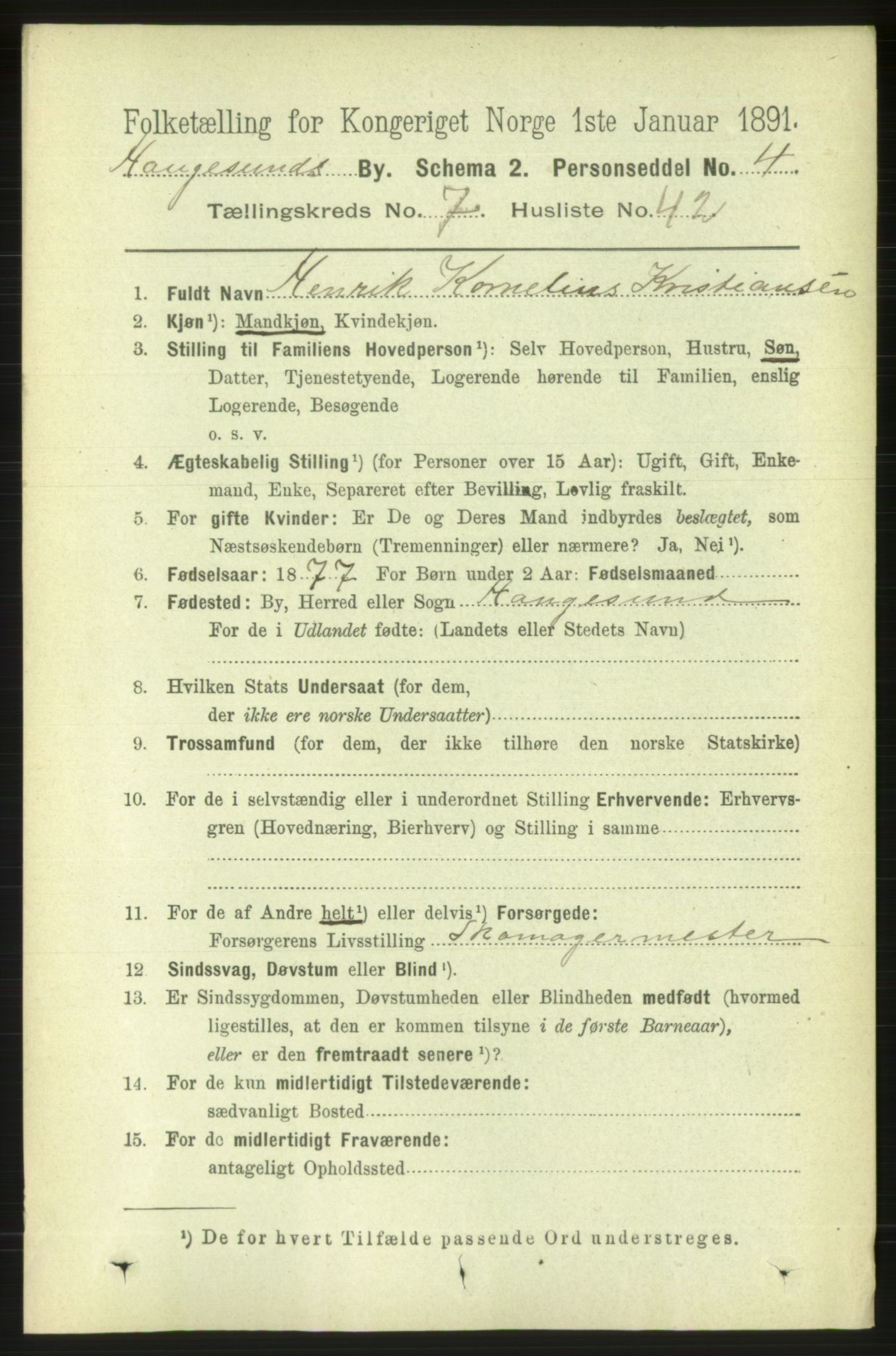 RA, 1891 census for 1106 Haugesund, 1891, p. 3582