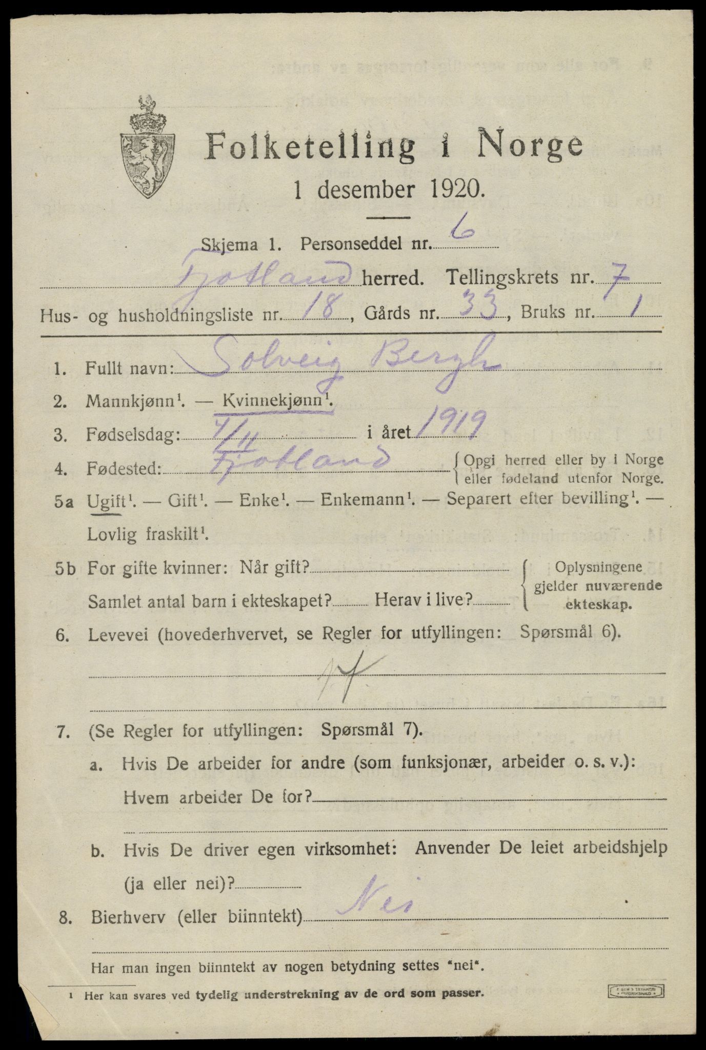 SAK, 1920 census for Fjotland, 1920, p. 1988