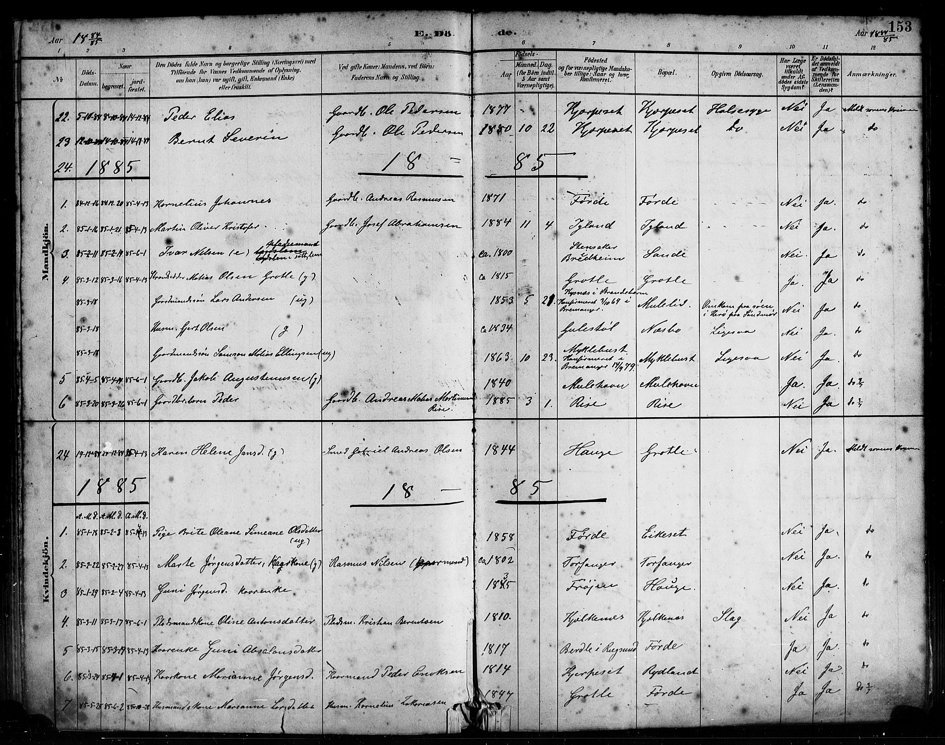 Bremanger sokneprestembete, SAB/A-82201/H/Haa/Haab/L0001: Parish register (official) no. B 1, 1884-1895, p. 153