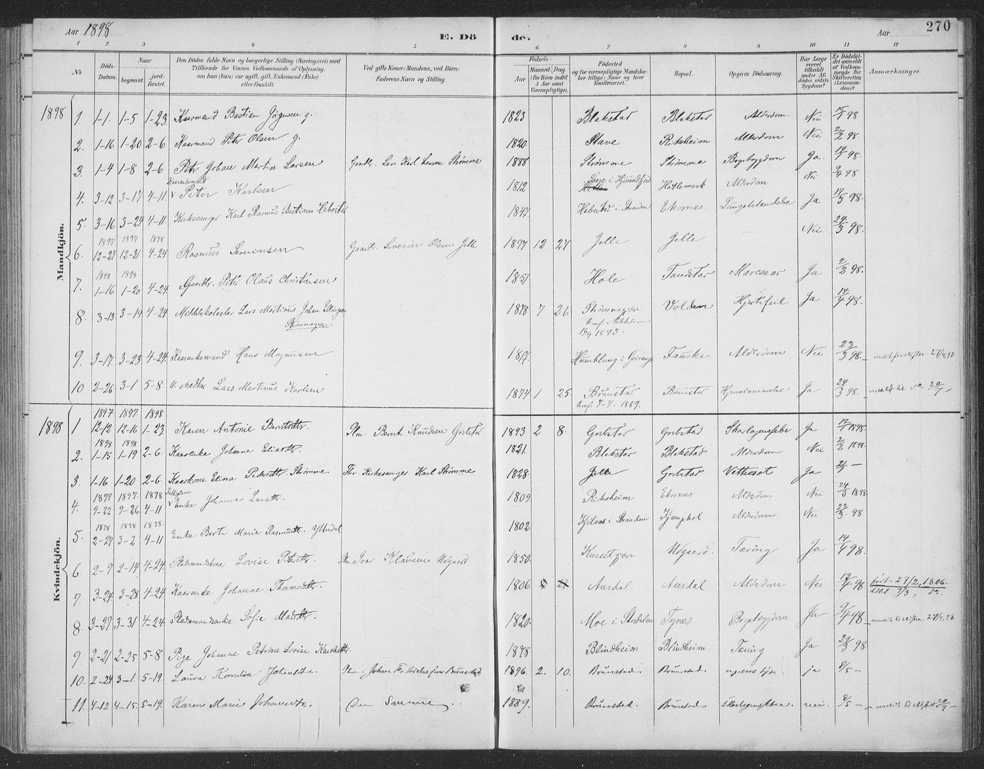 Ministerialprotokoller, klokkerbøker og fødselsregistre - Møre og Romsdal, AV/SAT-A-1454/523/L0335: Parish register (official) no. 523A02, 1891-1911, p. 270