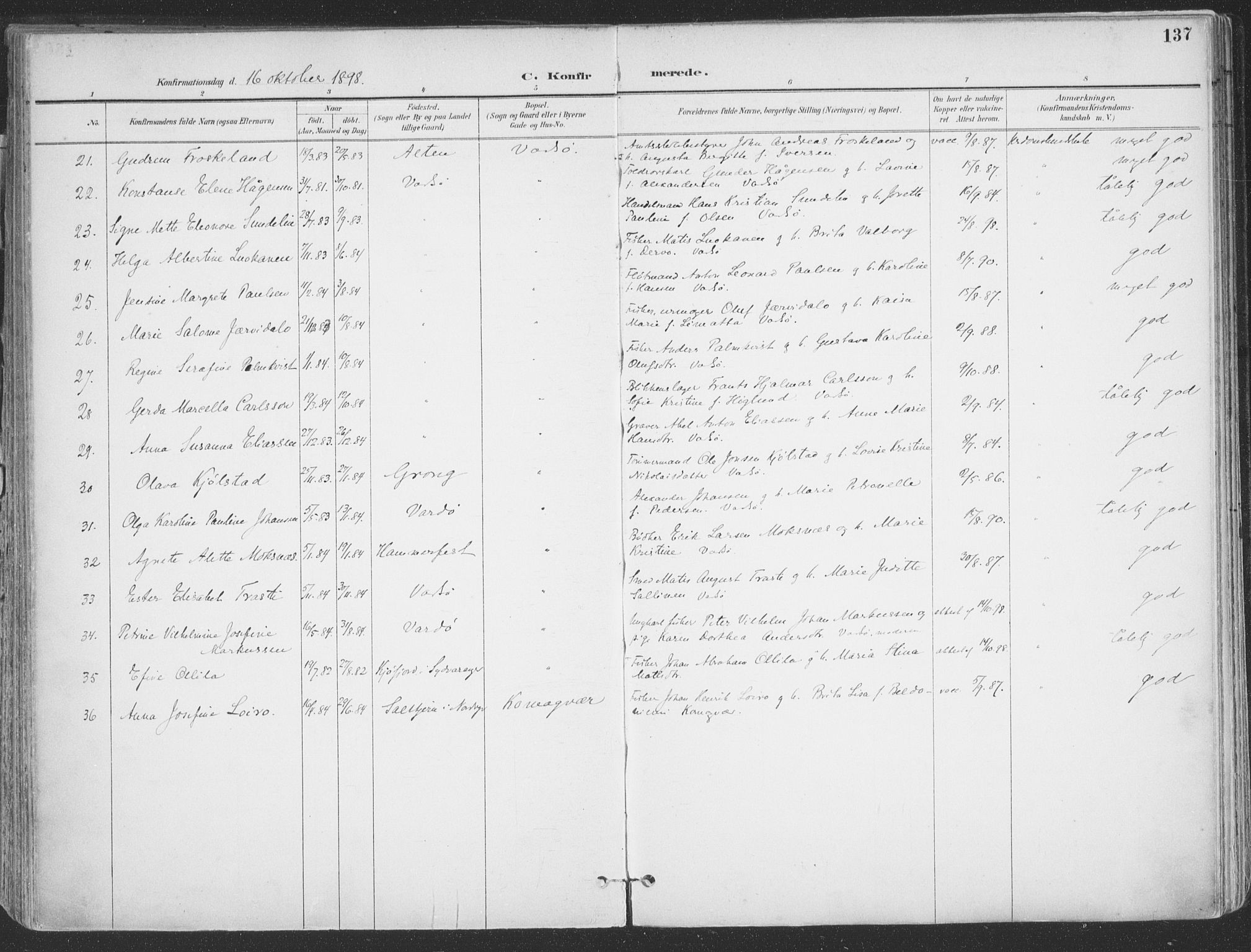 Vadsø sokneprestkontor, SATØ/S-1325/H/Ha/L0007kirke: Parish register (official) no. 7, 1896-1916, p. 137