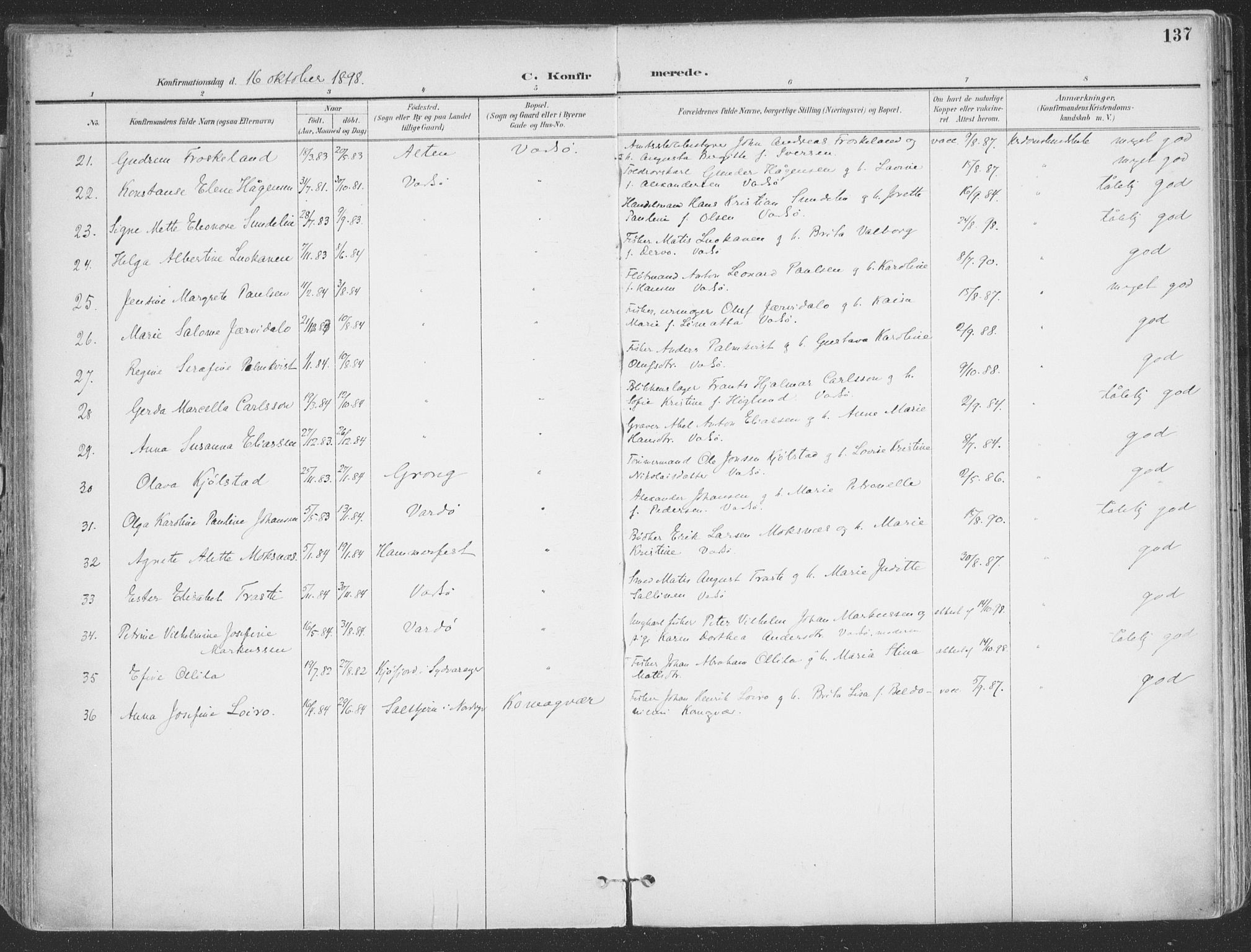 Vadsø sokneprestkontor, AV/SATØ-S-1325/H/Ha/L0007kirke: Parish register (official) no. 7, 1896-1916, p. 137