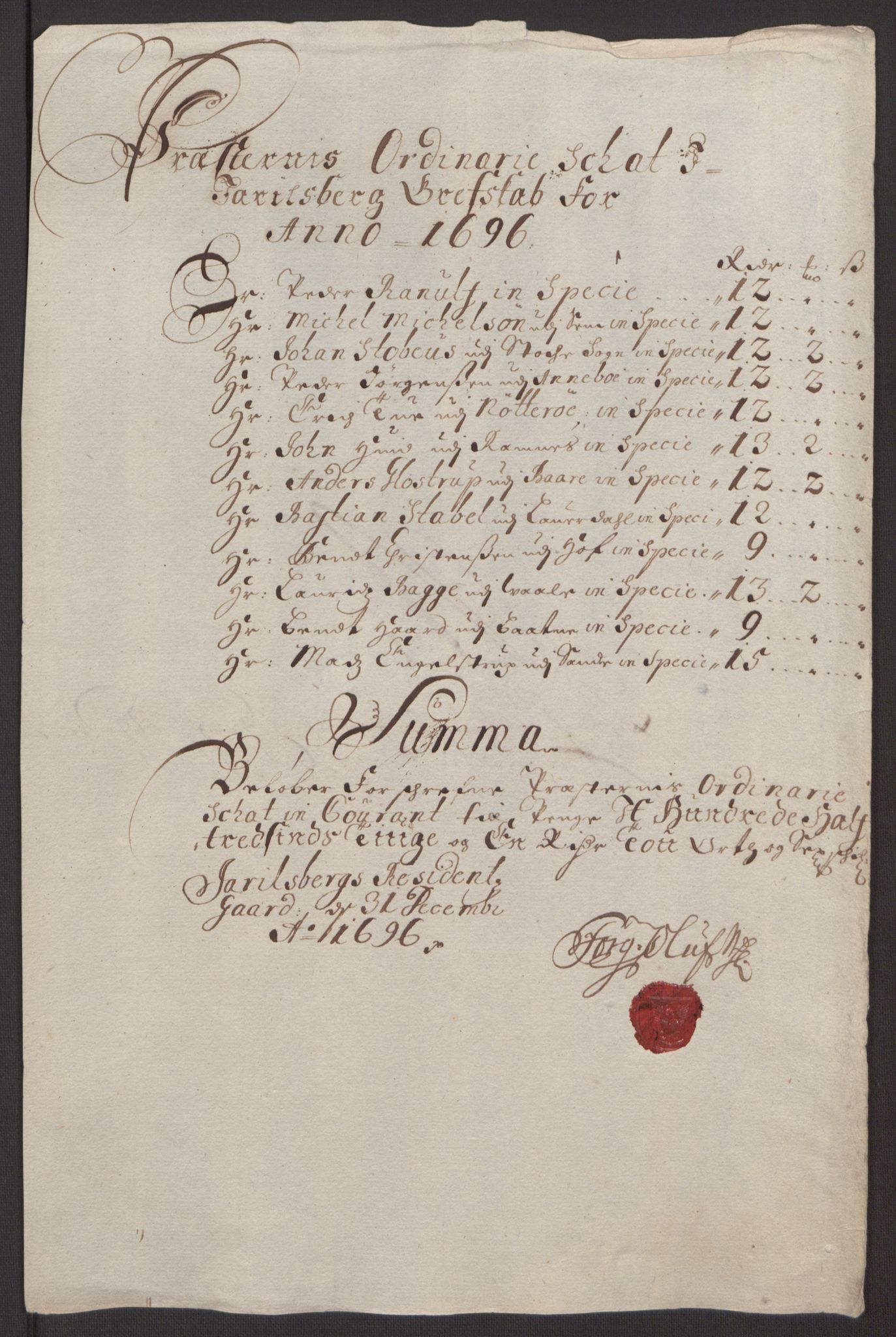 Rentekammeret inntil 1814, Reviderte regnskaper, Fogderegnskap, RA/EA-4092/R32/L1867: Fogderegnskap Jarlsberg grevskap, 1694-1696, p. 270