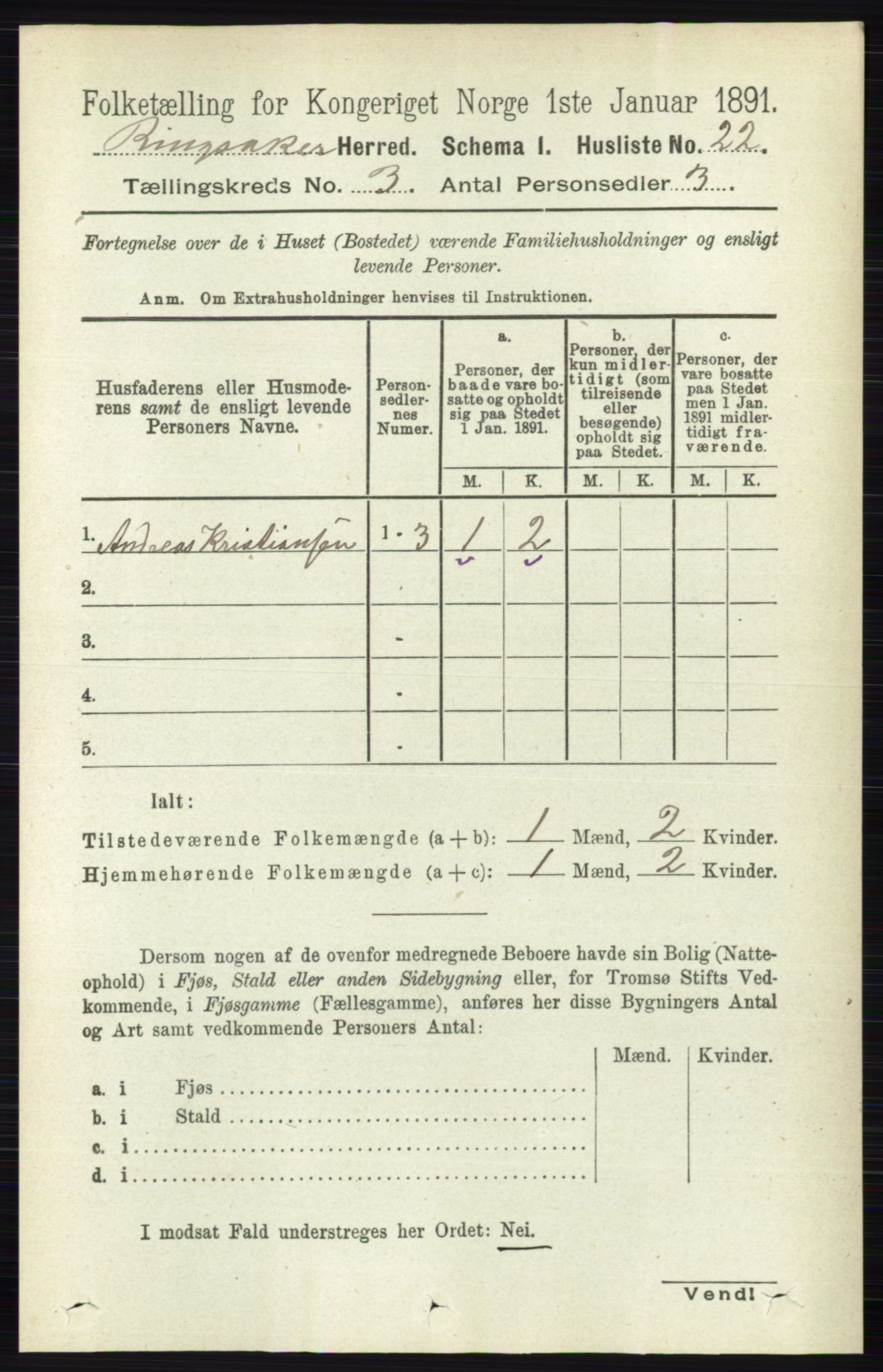 RA, 1891 census for 0412 Ringsaker, 1891, p. 1183