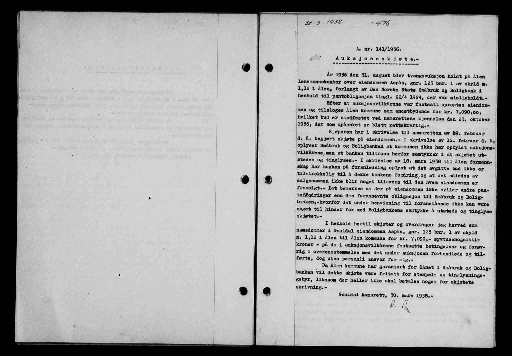 Gauldal sorenskriveri, SAT/A-0014/1/2/2C/L0048: Mortgage book no. 51-52, 1937-1938, p. 476, Diary no: : 410/1938