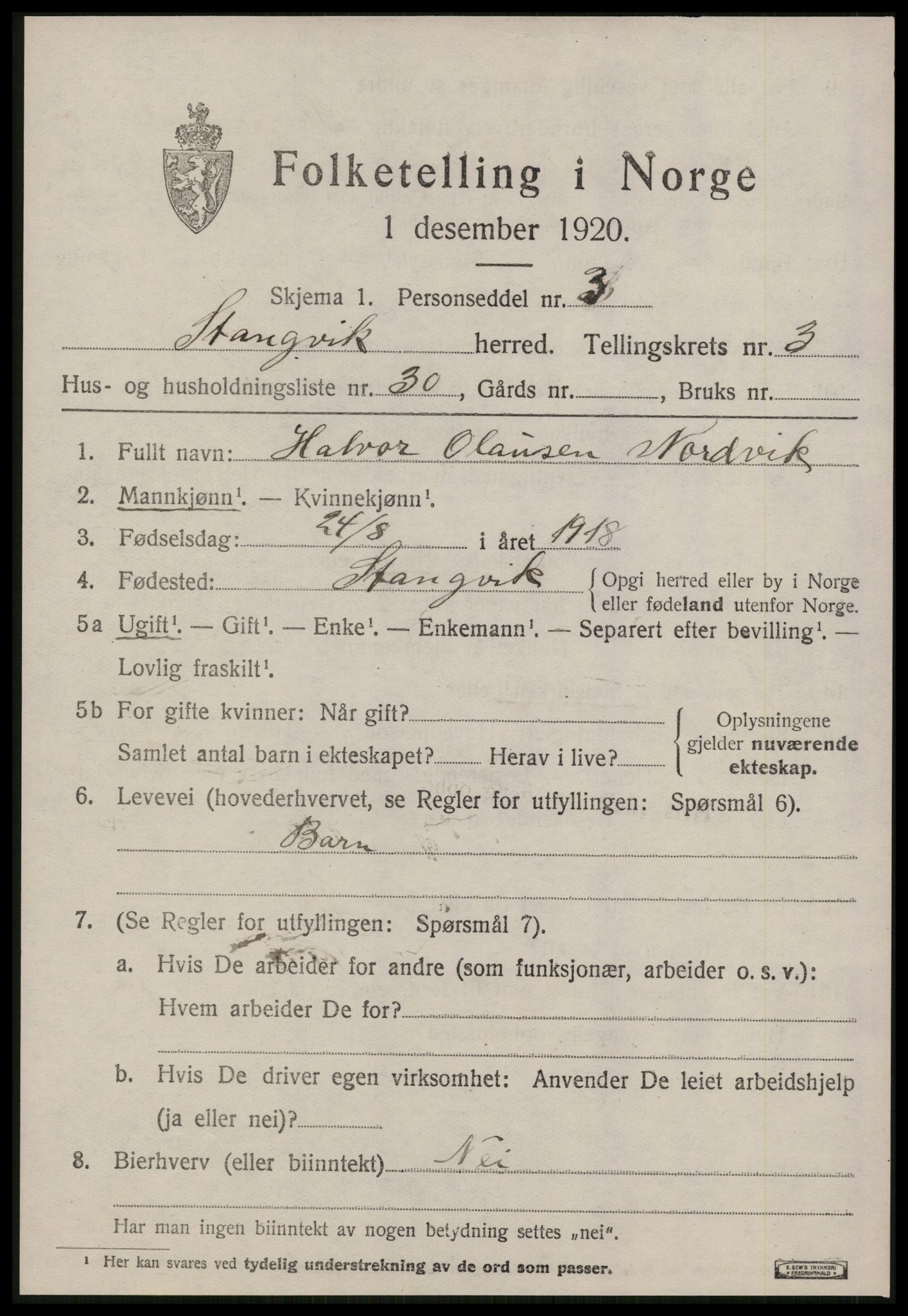 SAT, 1920 census for Stangvik, 1920, p. 2350