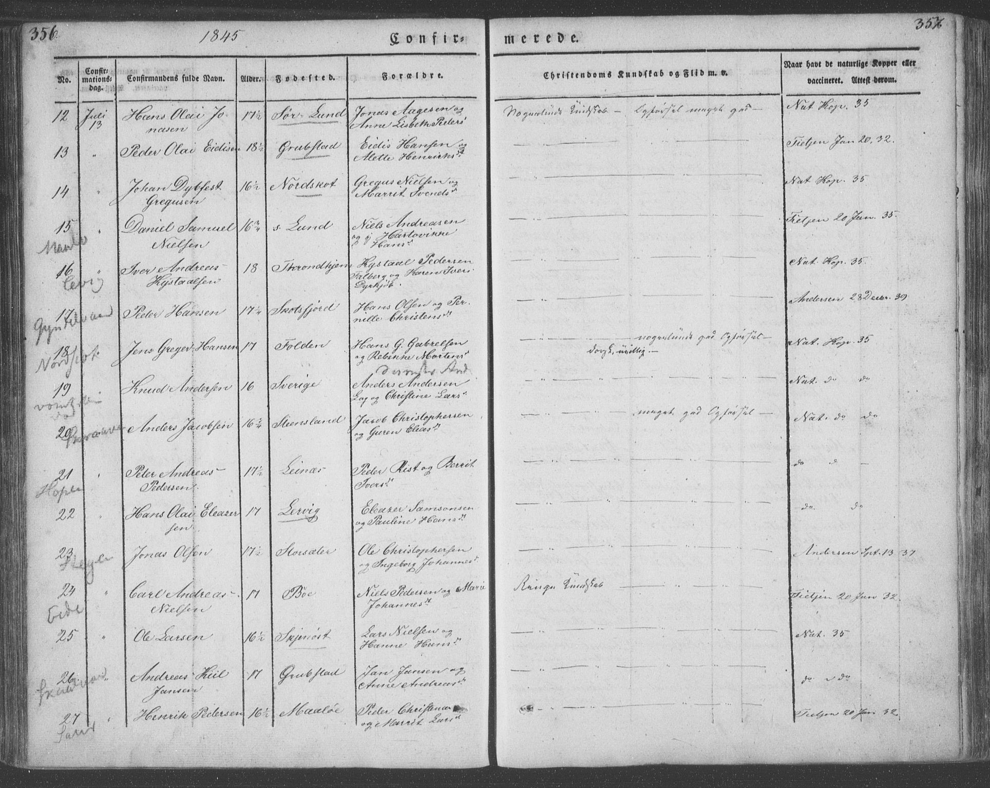 Ministerialprotokoller, klokkerbøker og fødselsregistre - Nordland, AV/SAT-A-1459/855/L0799: Parish register (official) no. 855A07, 1834-1852, p. 356-357