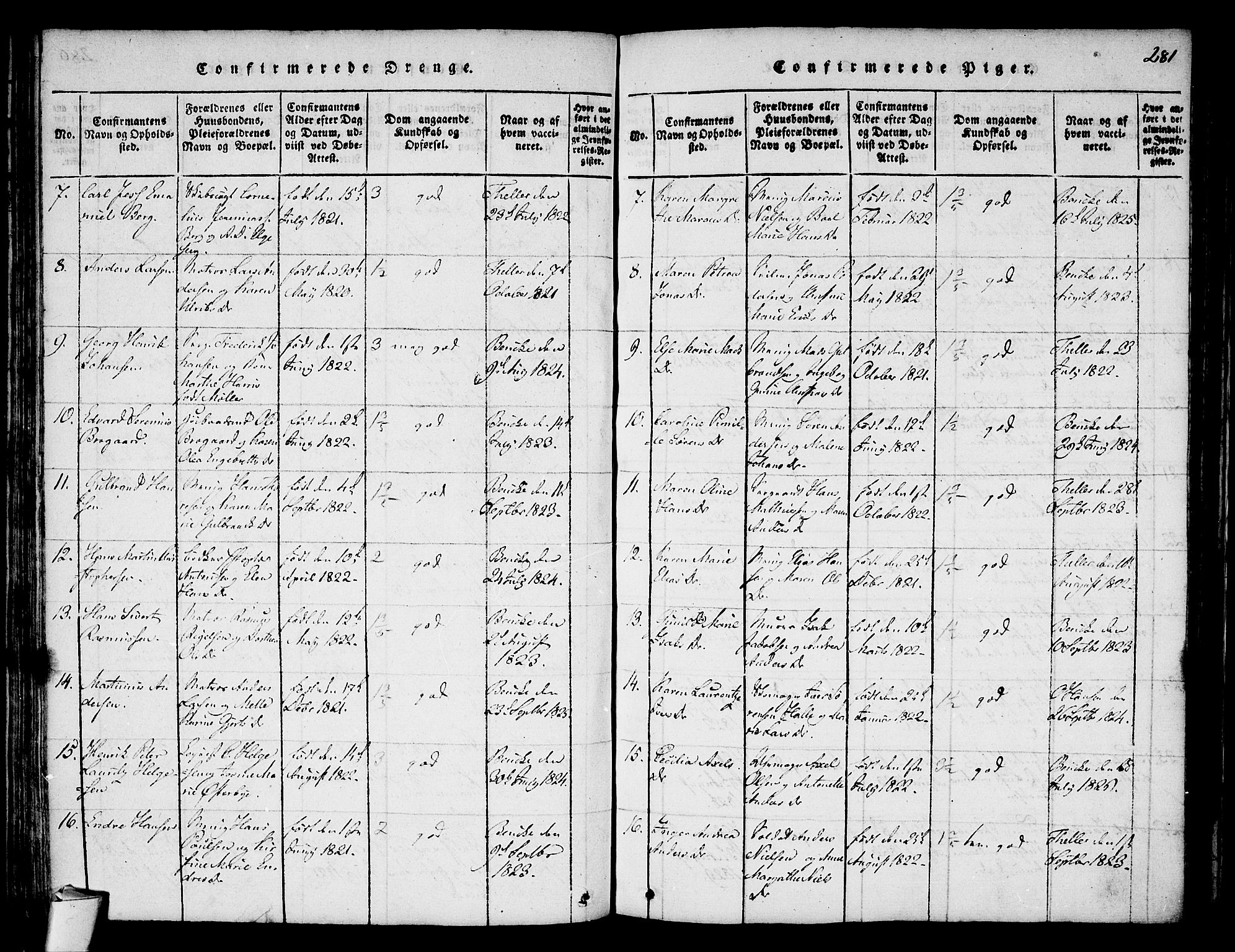 Stavern kirkebøker, AV/SAKO-A-318/F/Fa/L0006: Parish register (official) no. 6, 1816-1839, p. 281