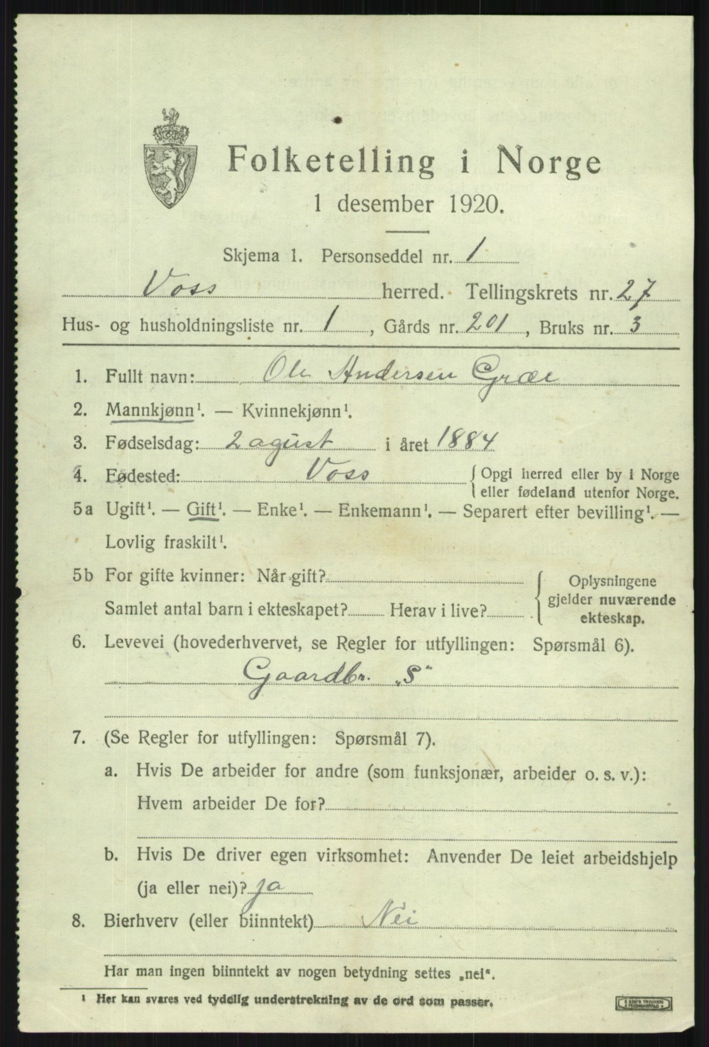 SAB, 1920 census for Voss, 1920, p. 18445