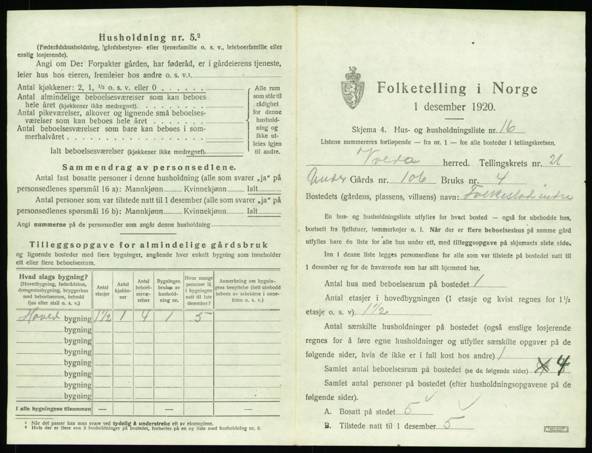 SAT, 1920 census for Volda, 1920, p. 1492