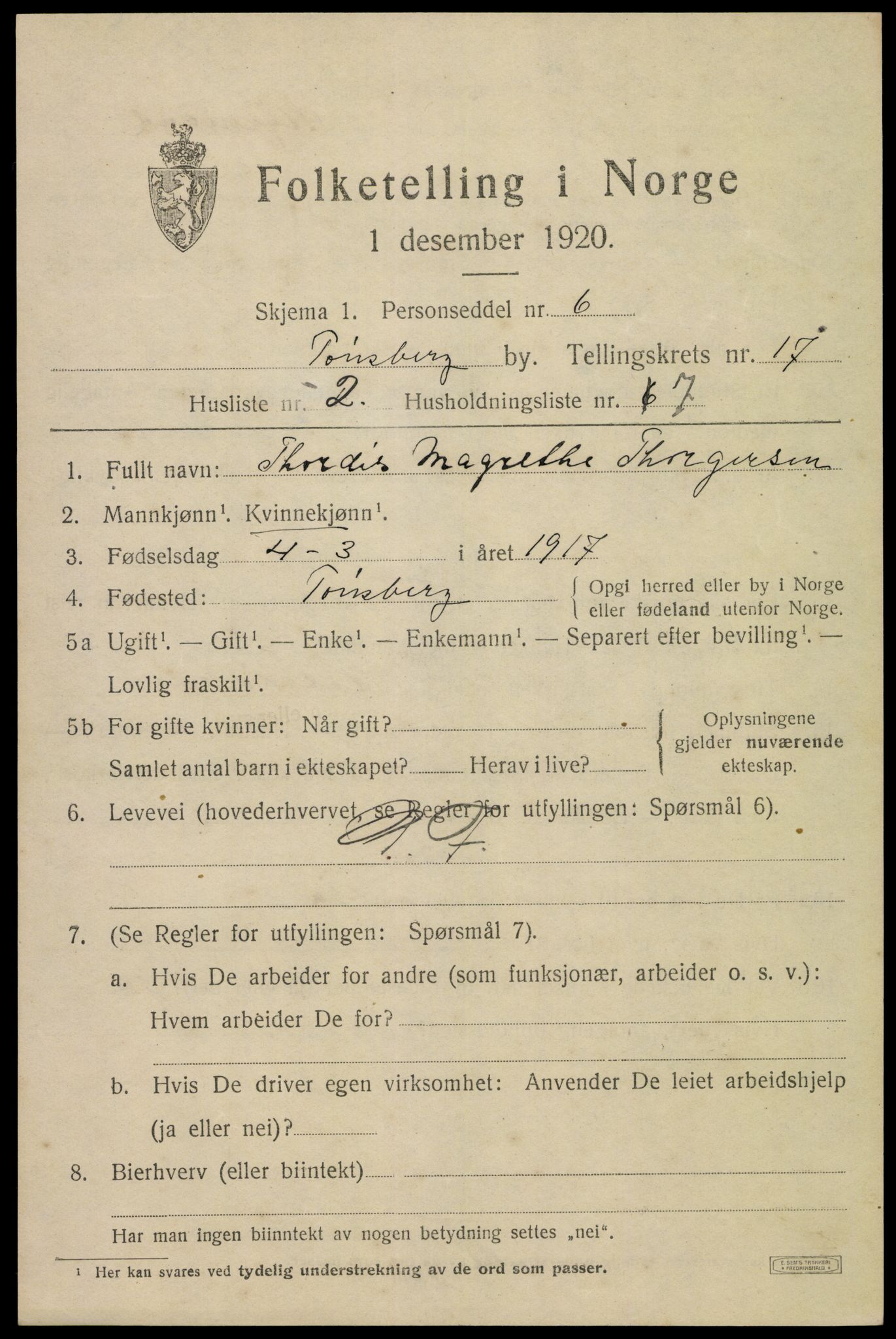 SAKO, 1920 census for Tønsberg, 1920, p. 25817