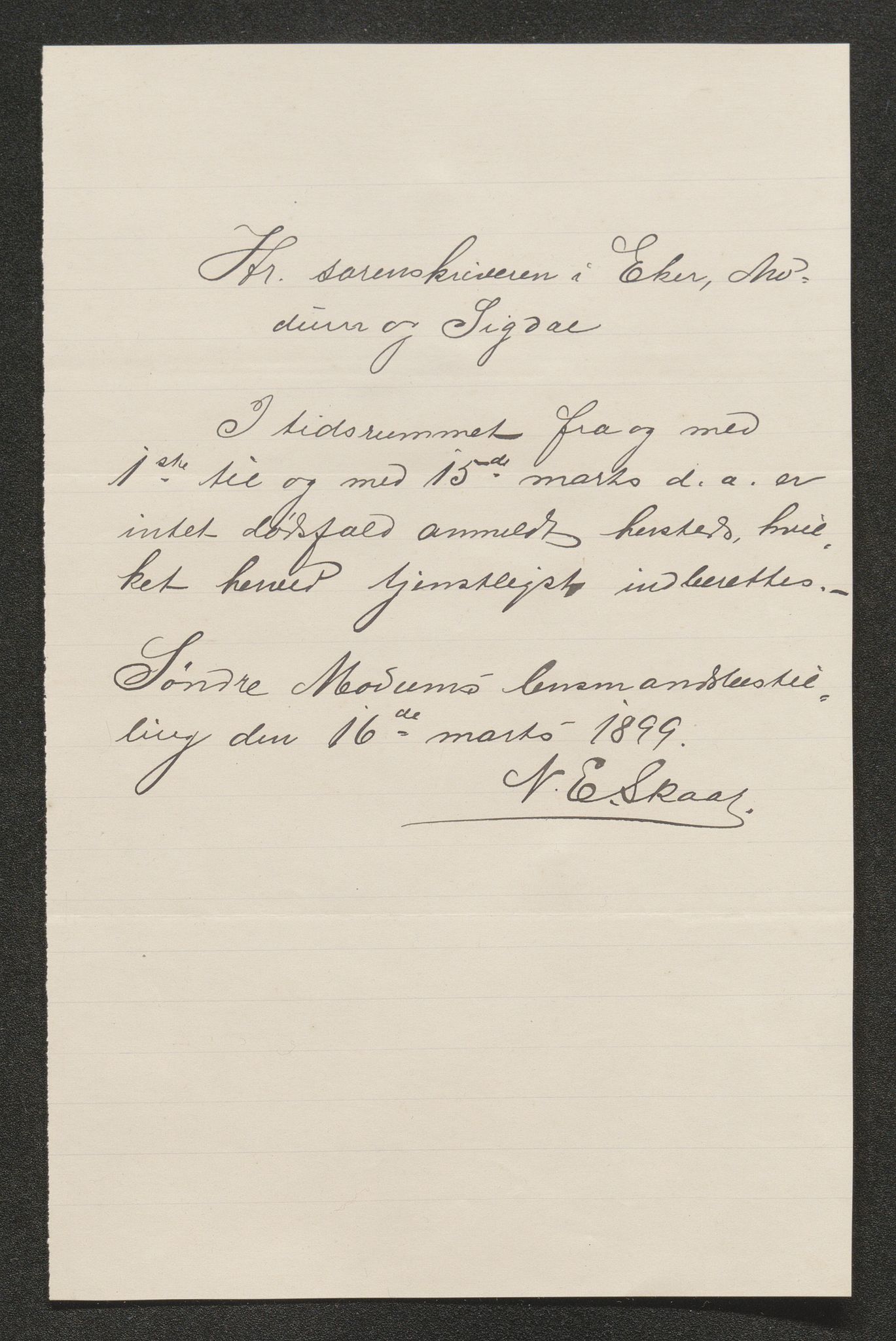 Eiker, Modum og Sigdal sorenskriveri, AV/SAKO-A-123/H/Ha/Hab/L0026: Dødsfallsmeldinger, 1899, p. 263