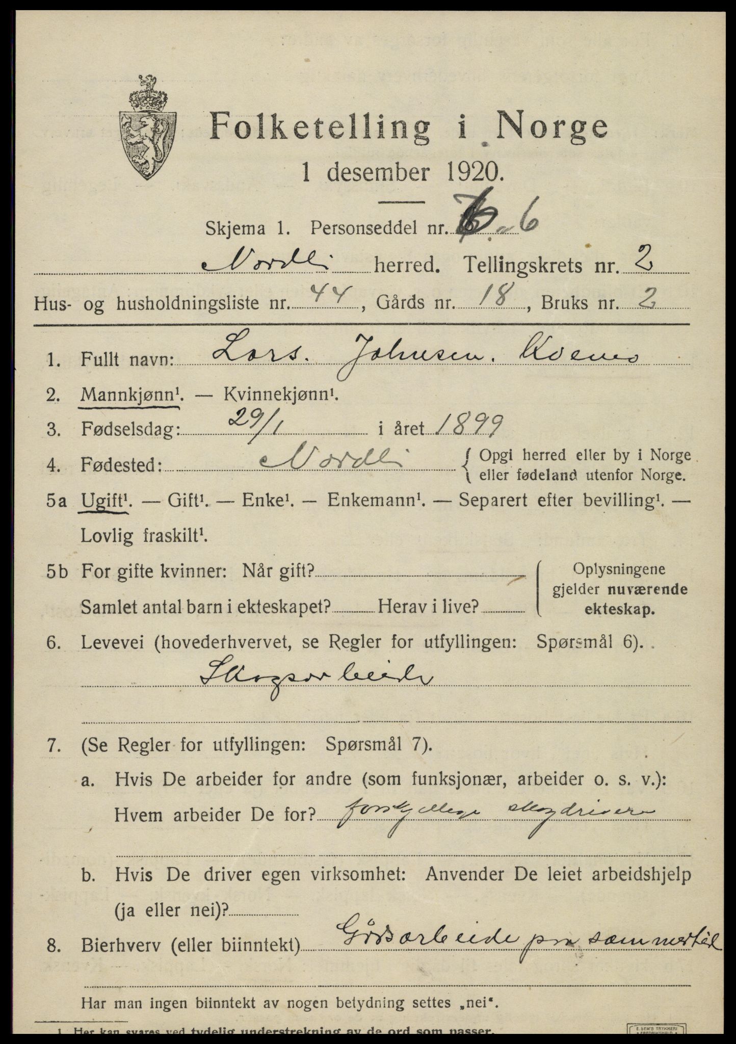 SAT, 1920 census for Nordli, 1920, p. 1397