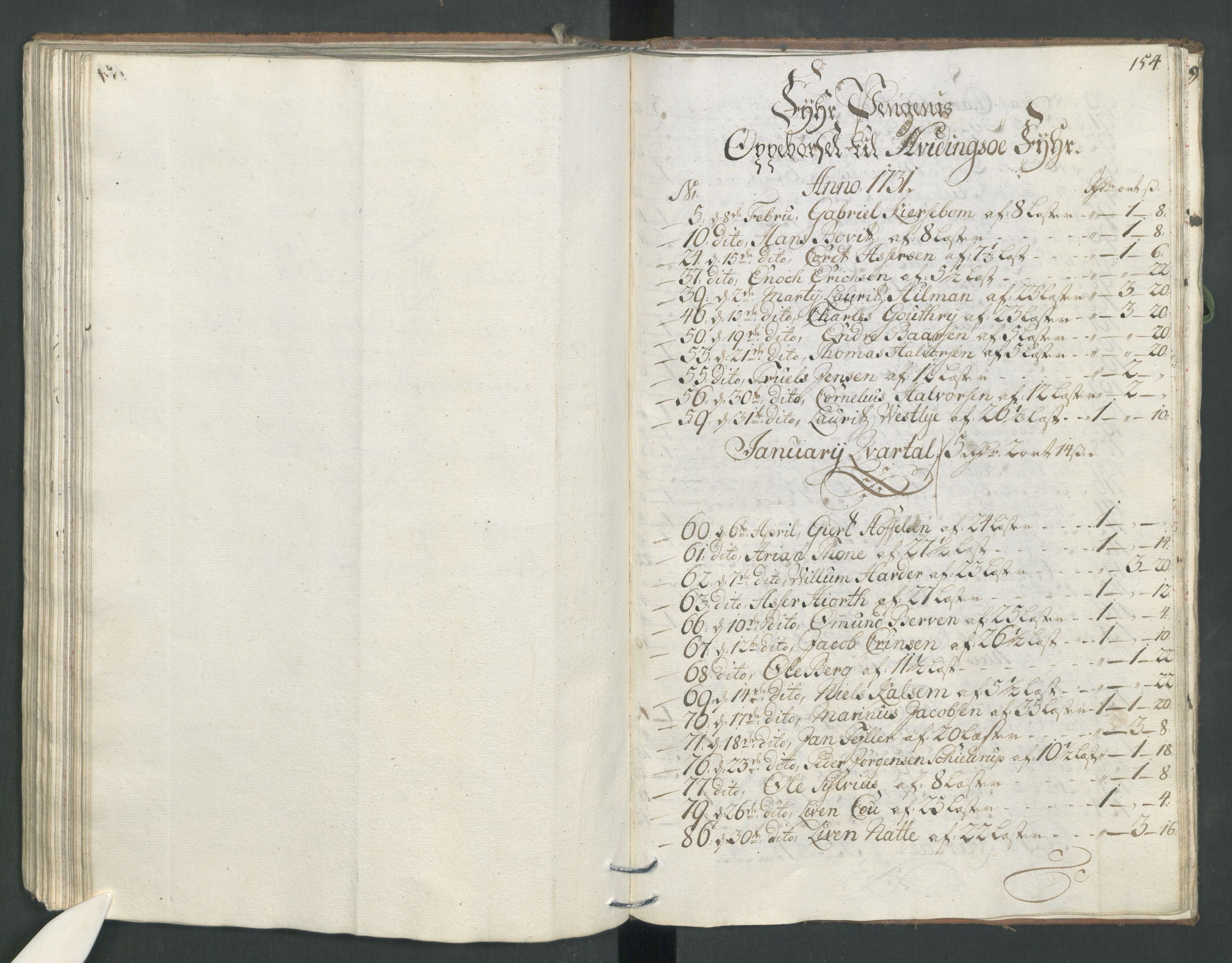 Generaltollkammeret, tollregnskaper, RA/EA-5490/R22/L0011/0001: Tollregnskaper Stavanger / Hovedtollbok, 1731, p. 153b-154a