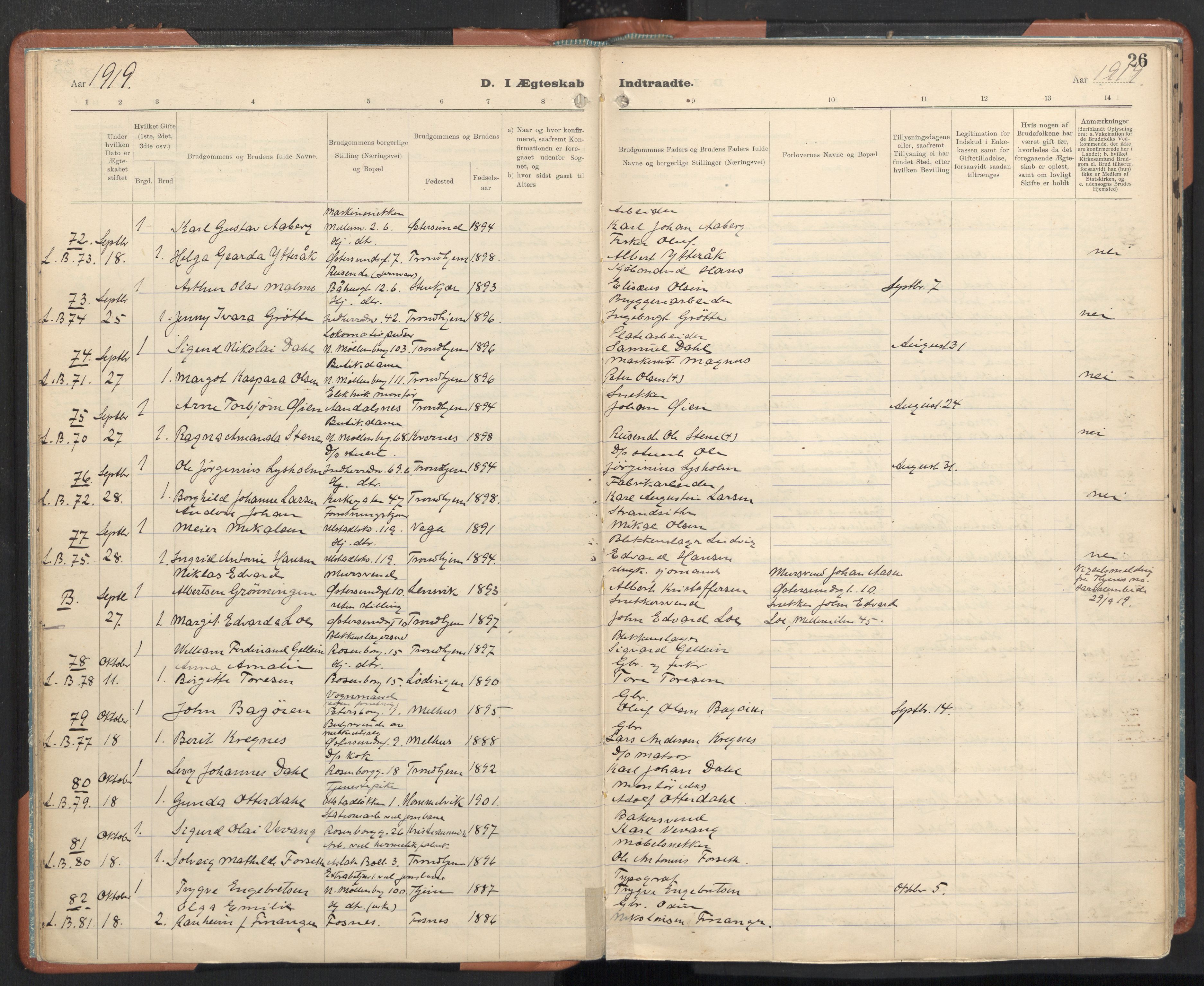 Ministerialprotokoller, klokkerbøker og fødselsregistre - Sør-Trøndelag, SAT/A-1456/605/L0245: Parish register (official) no. 605A07, 1916-1938, p. 26