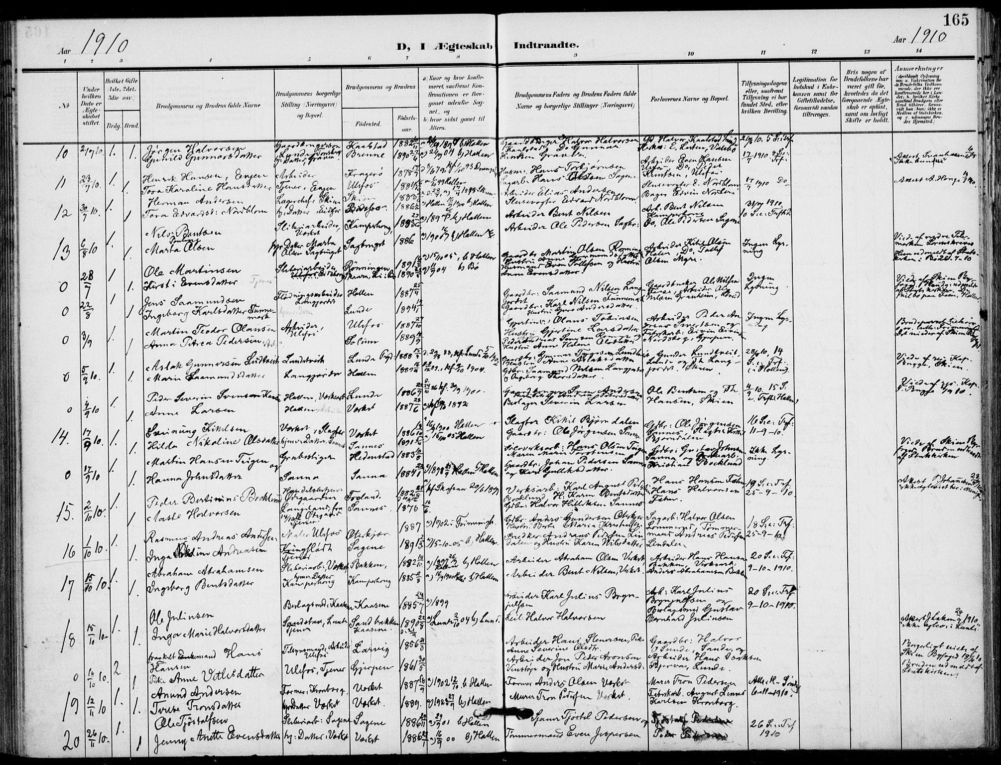 Holla kirkebøker, AV/SAKO-A-272/F/Fa/L0012: Parish register (official) no. 12, 1907-1923, p. 165