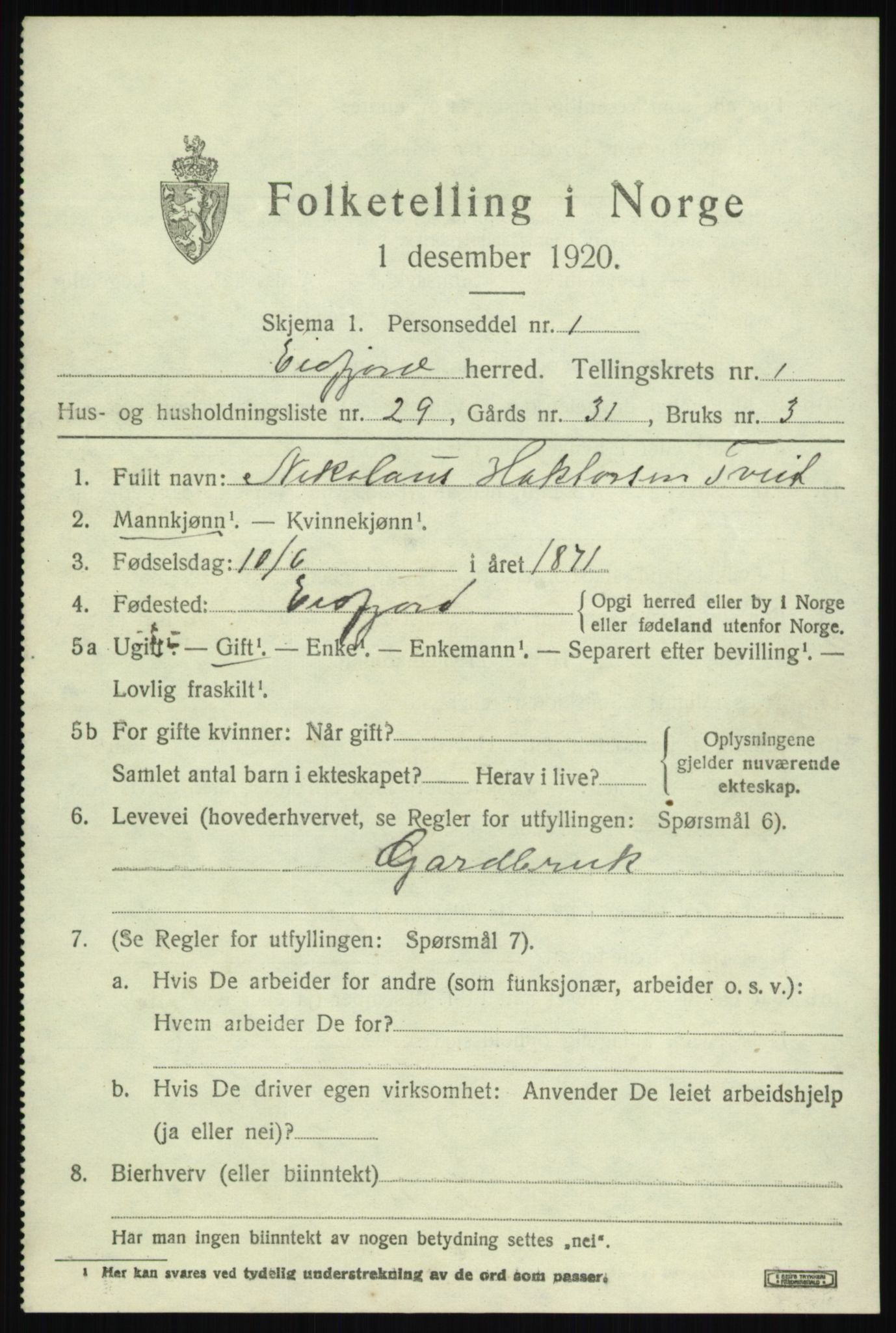 SAB, 1920 census for Eidfjord, 1920, p. 730