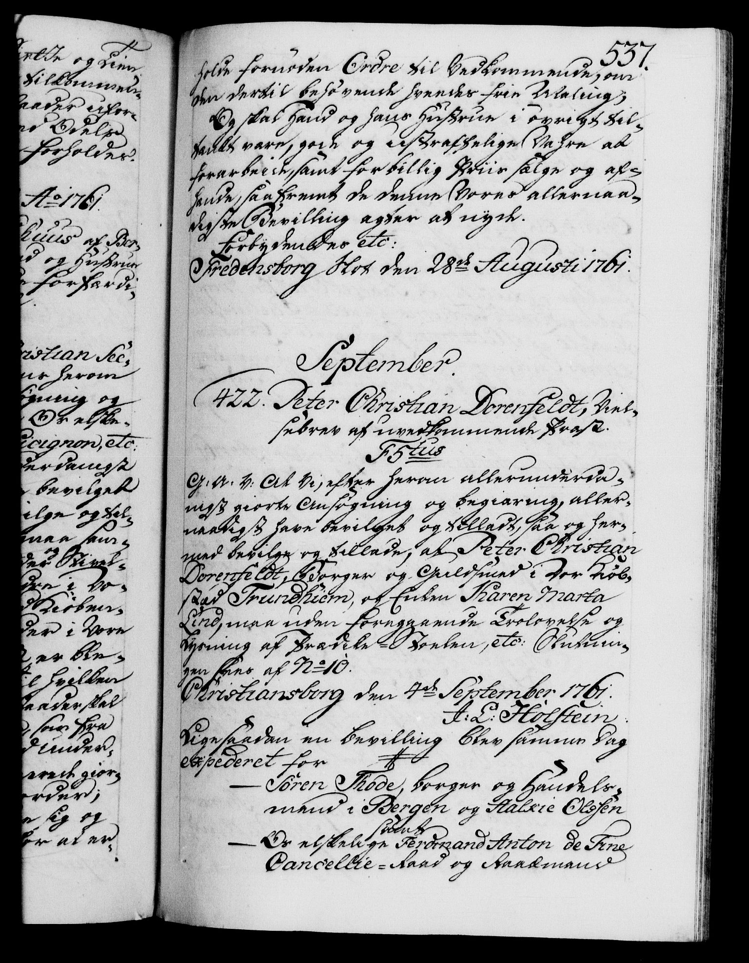 Danske Kanselli 1572-1799, AV/RA-EA-3023/F/Fc/Fca/Fcaa/L0041: Norske registre, 1760-1762, p. 537a