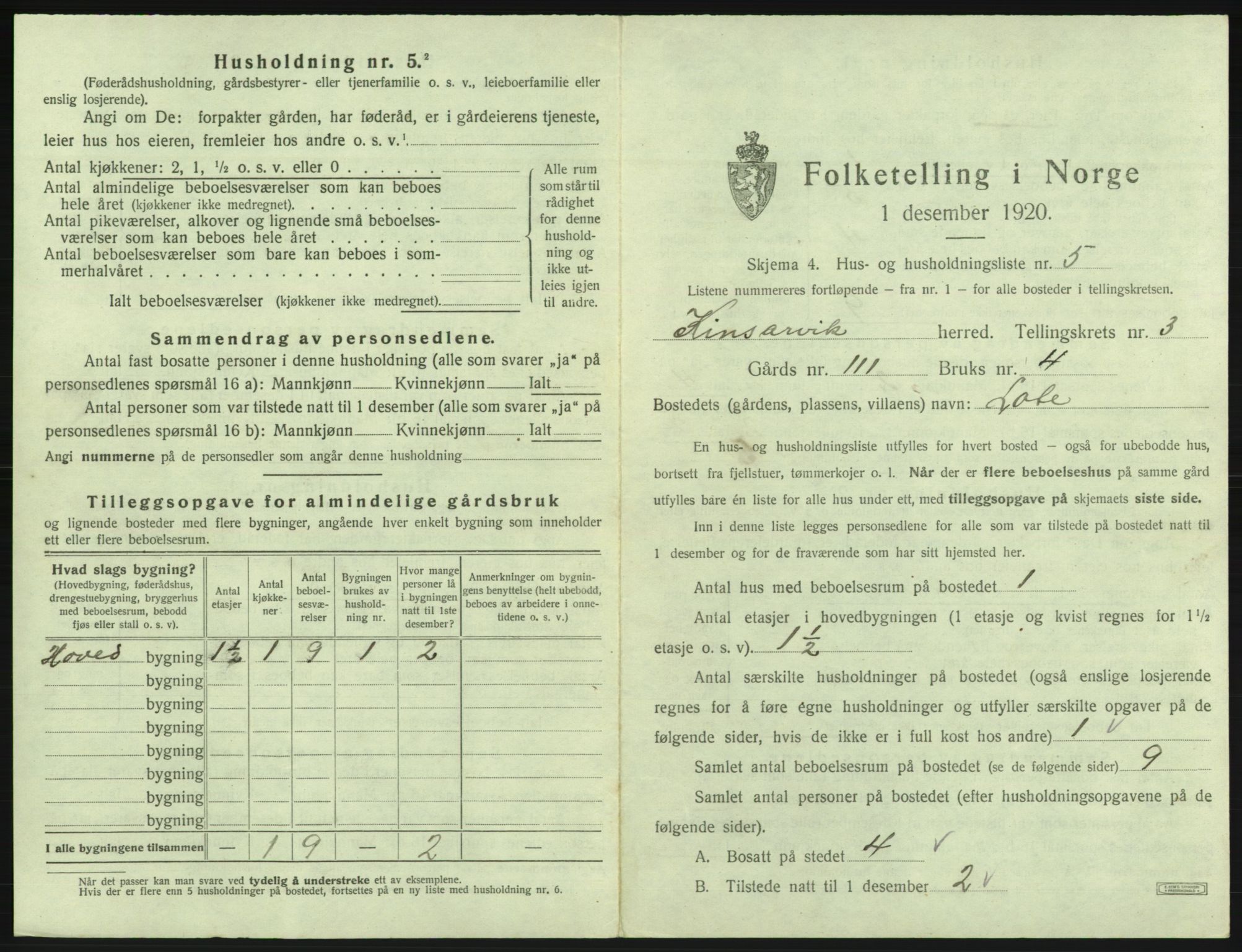 SAB, 1920 census for Kinsarvik, 1920, p. 229