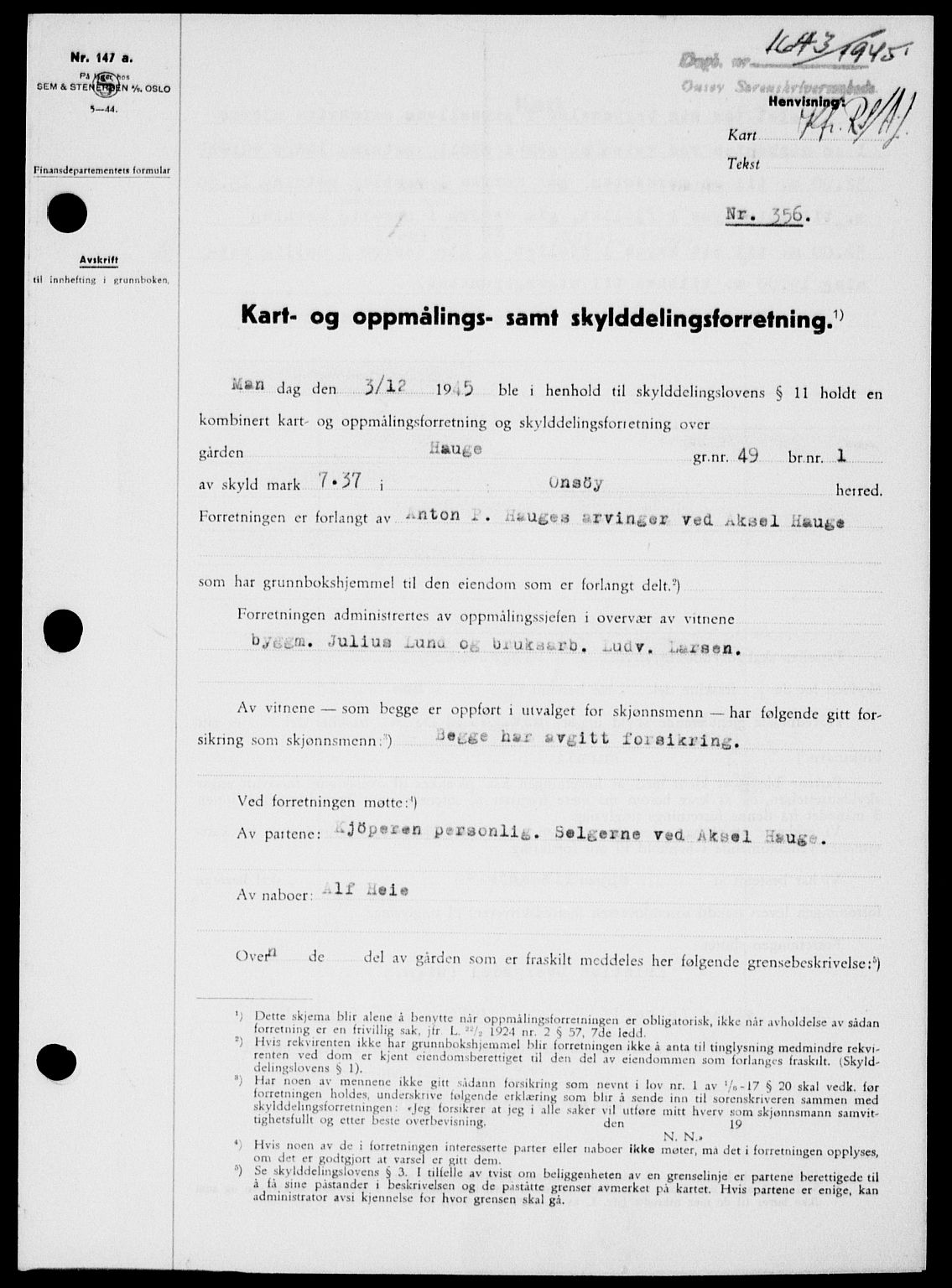 Onsøy sorenskriveri, SAO/A-10474/G/Ga/Gab/L0015: Mortgage book no. II A-15, 1945-1946, Diary no: : 1643/1945
