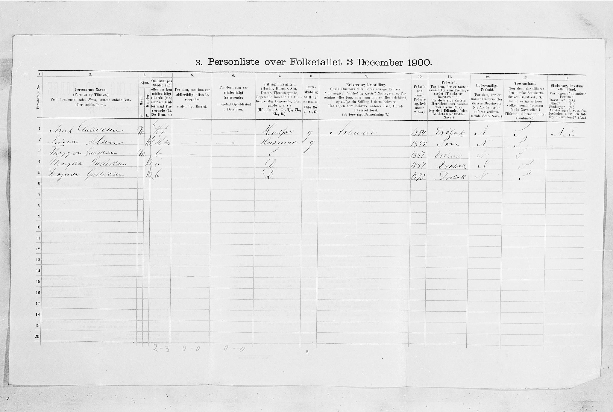 SAO, 1900 census for Drøbak, 1900