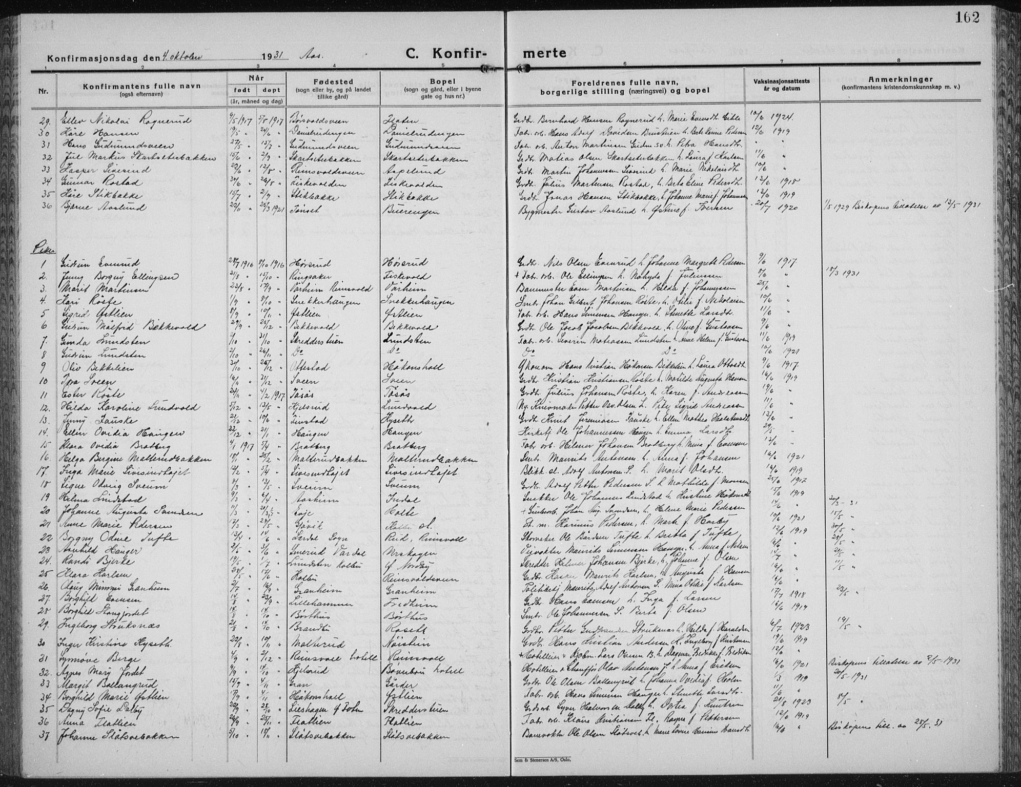 Vestre Toten prestekontor, SAH/PREST-108/H/Ha/Hab/L0018: Parish register (copy) no. 18, 1928-1941, p. 162