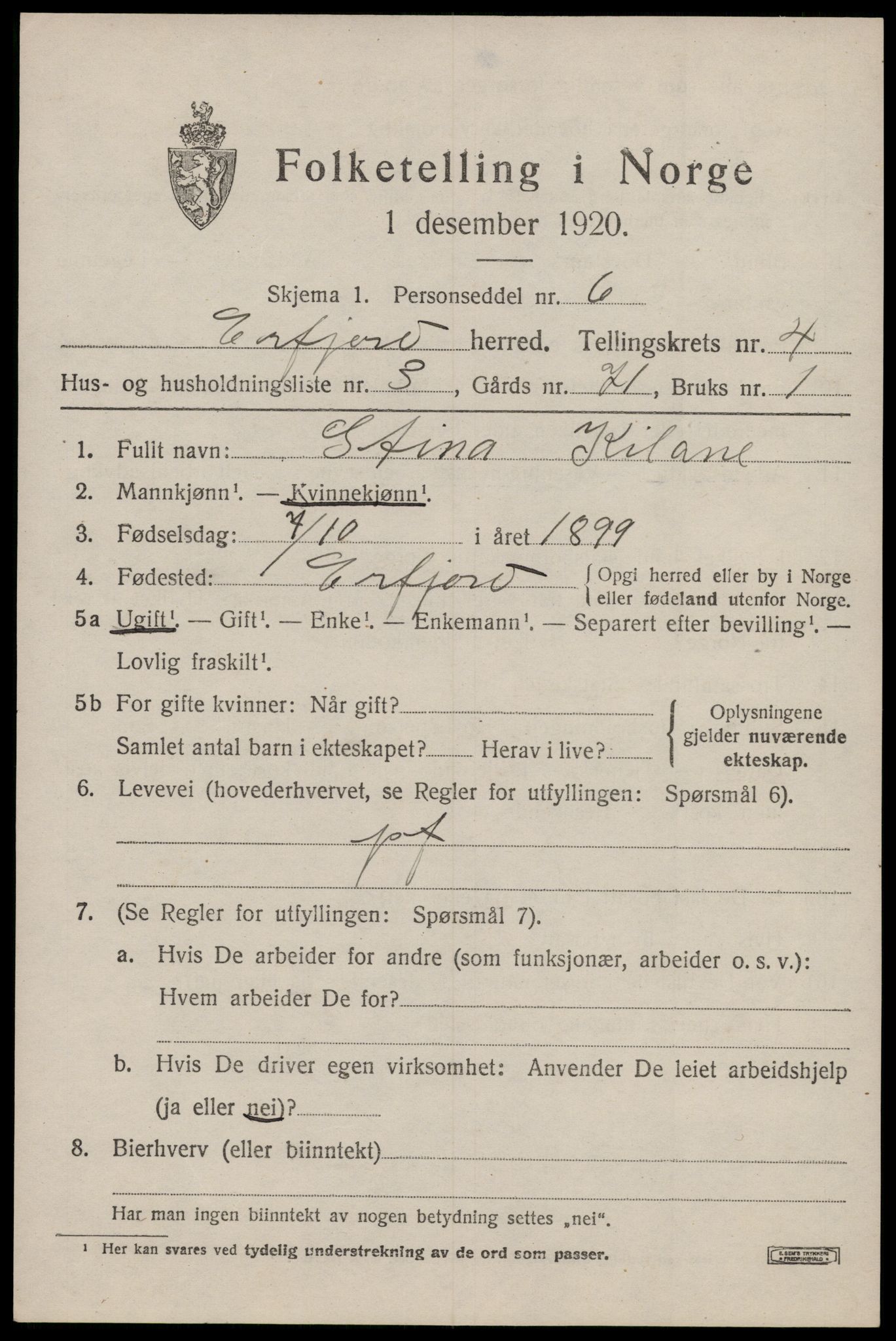 SAST, 1920 census for Erfjord, 1920, p. 1293