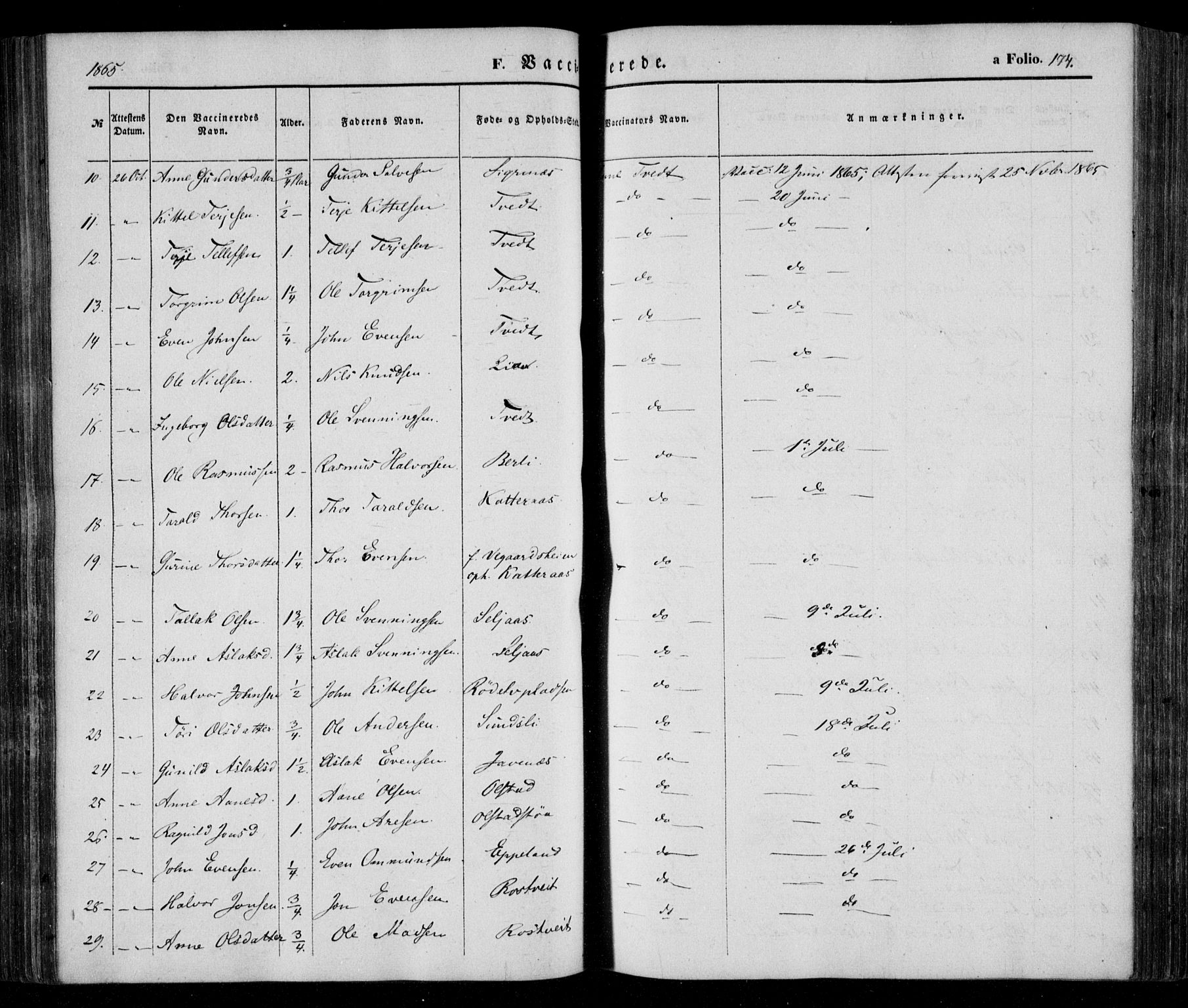 Åmli sokneprestkontor, AV/SAK-1111-0050/F/Fa/Fac/L0008: Parish register (official) no. A 8, 1852-1869, p. 174