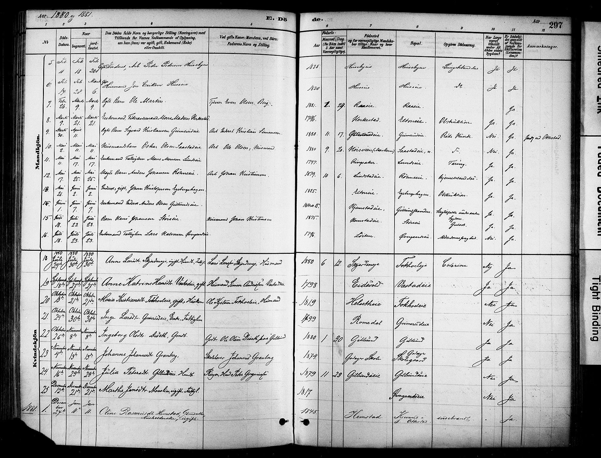 Stange prestekontor, SAH/PREST-002/K/L0017: Parish register (official) no. 17, 1880-1893, p. 297