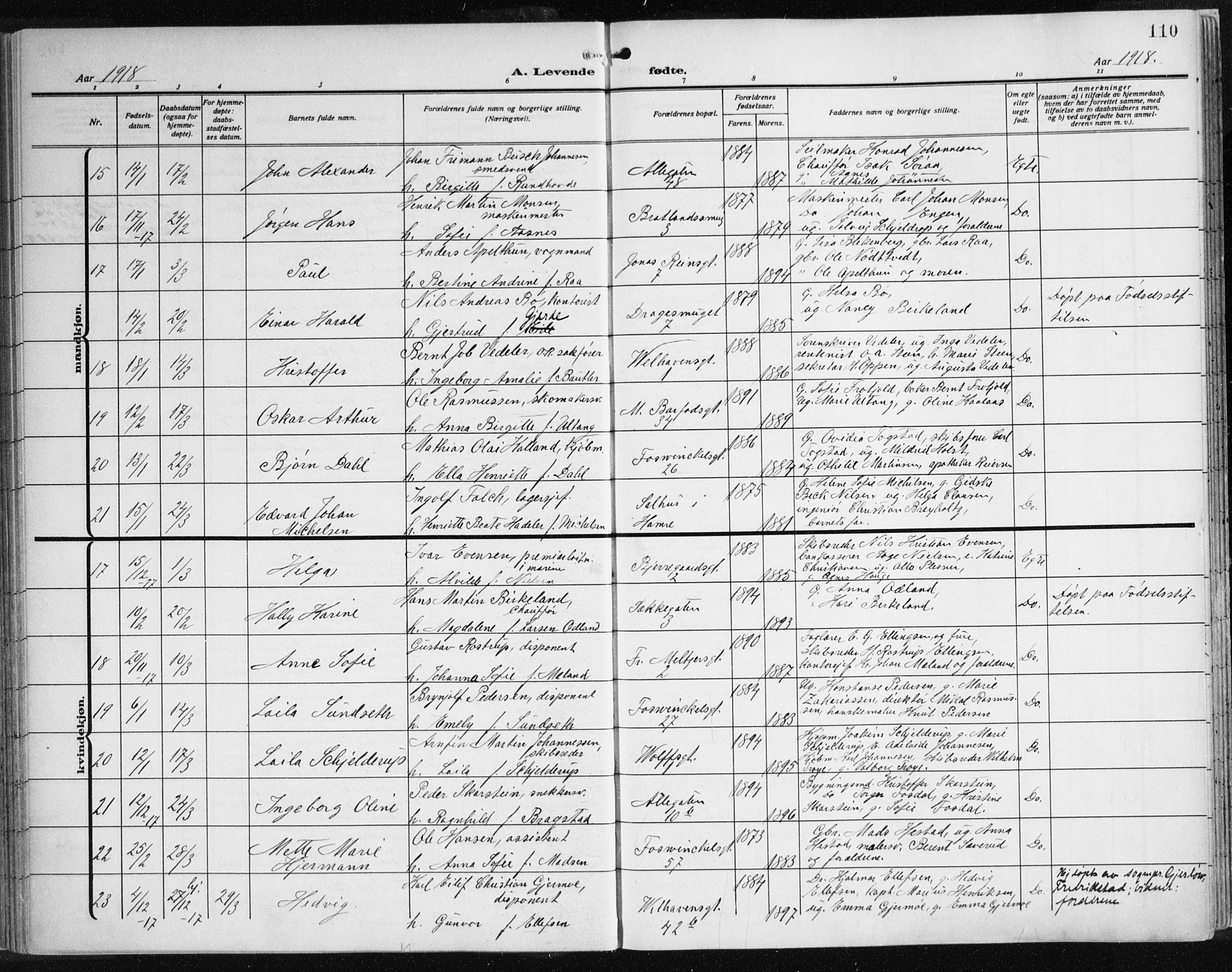 Johanneskirken sokneprestembete, AV/SAB-A-76001/H/Haa: Parish register (official) no. A 3, 1913-1934, p. 110