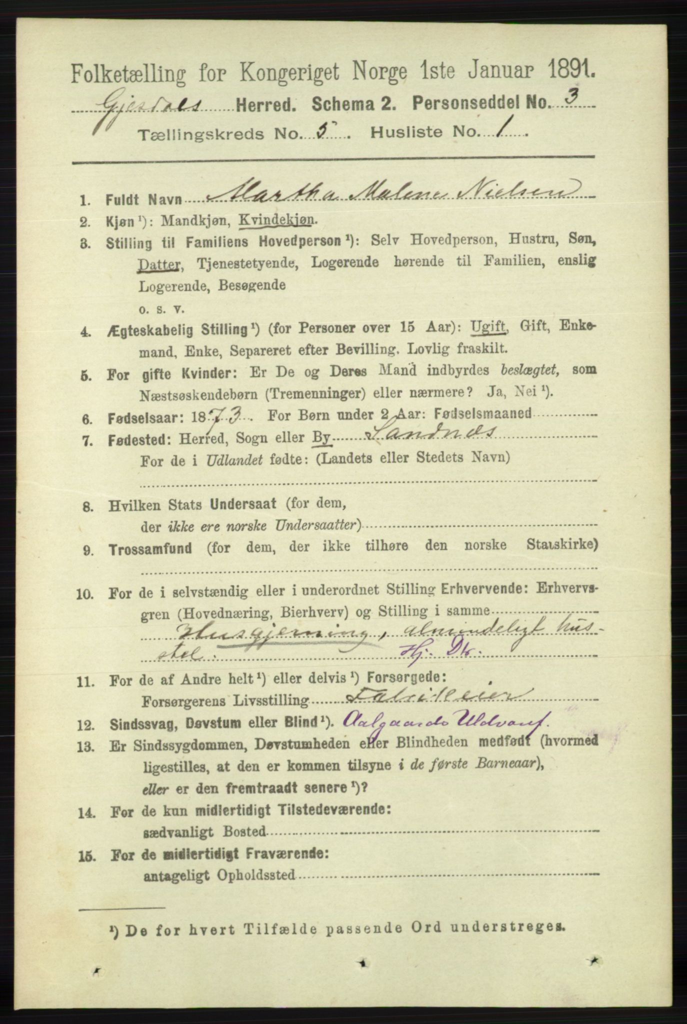 RA, 1891 census for 1122 Gjesdal, 1891, p. 1490