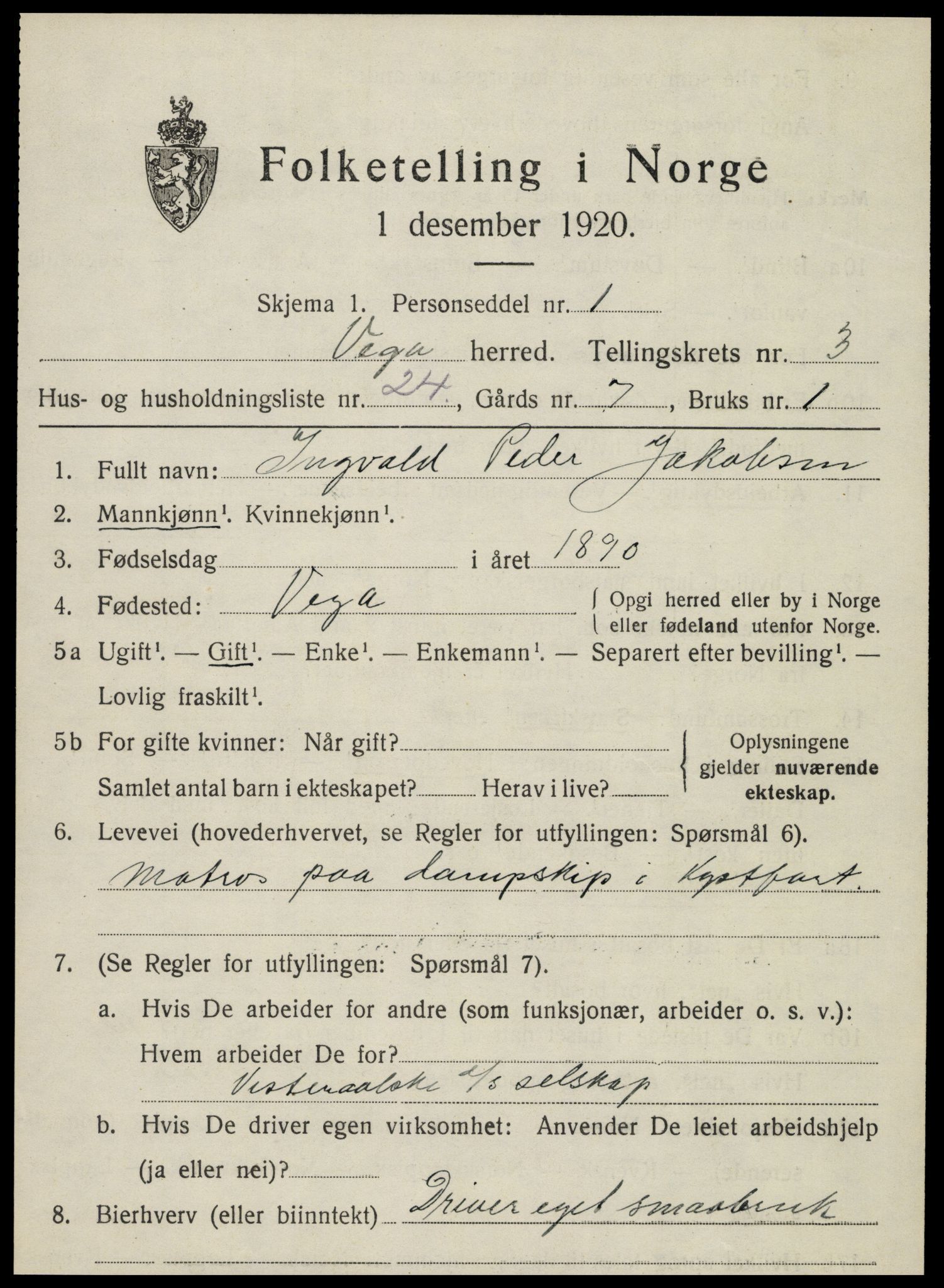 SAT, 1920 census for Vega, 1920, p. 1917