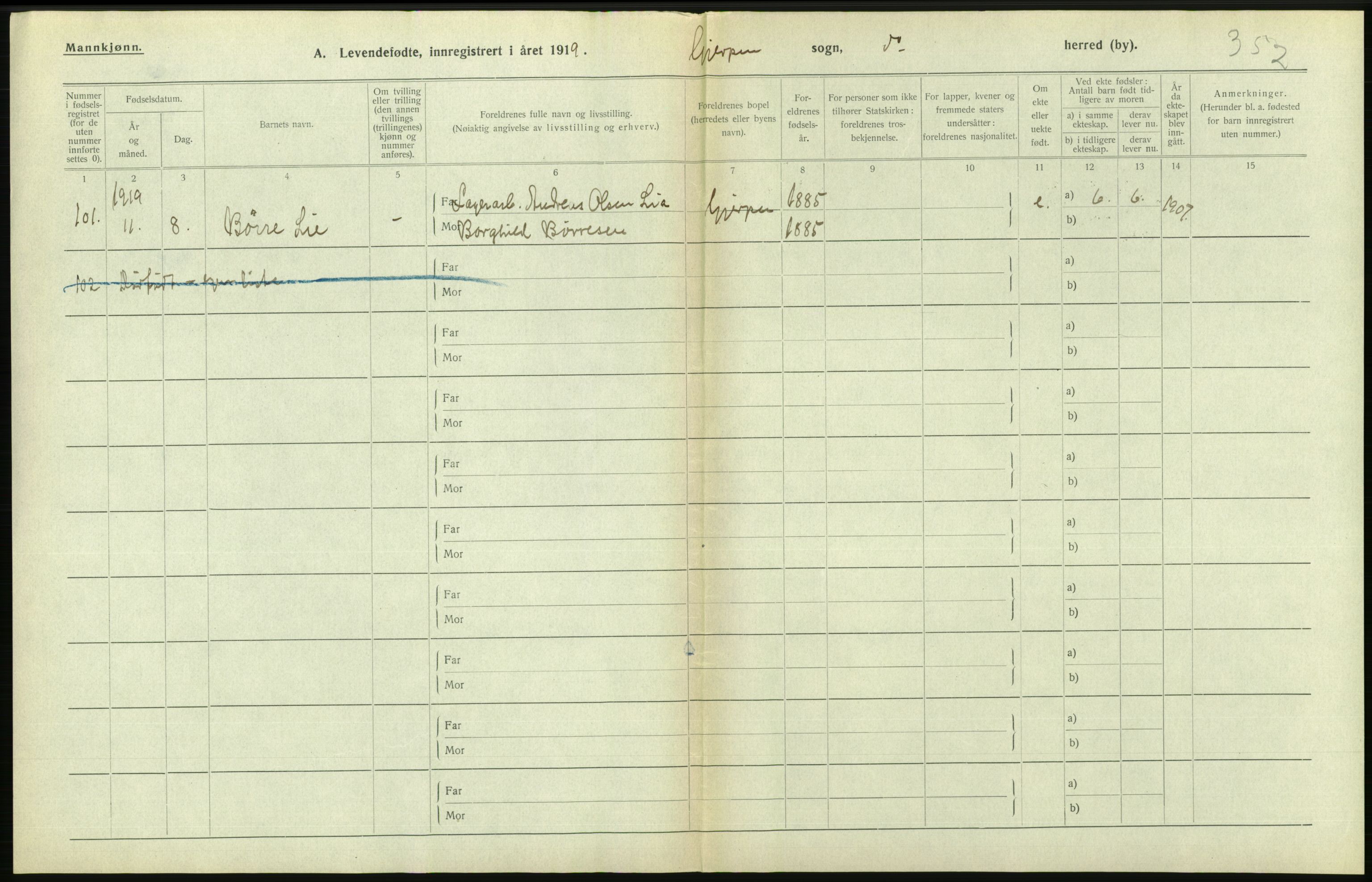 Statistisk sentralbyrå, Sosiodemografiske emner, Befolkning, AV/RA-S-2228/D/Df/Dfb/Dfbi/L0021: Telemark fylke: Levendefødte menn og kvinner. Bygder., 1919, p. 426