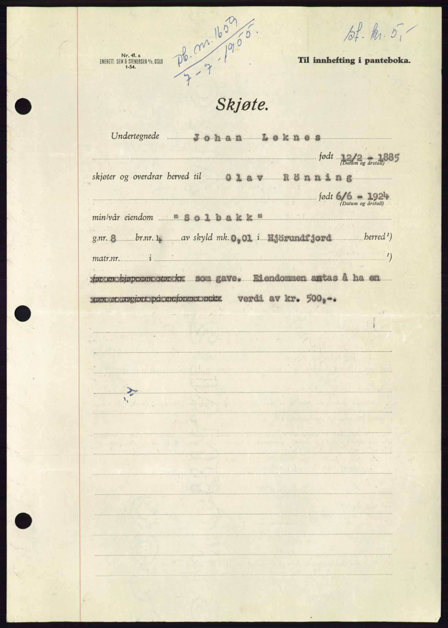 Søre Sunnmøre sorenskriveri, AV/SAT-A-4122/1/2/2C/L0101: Mortgage book no. 27A, 1955-1955, Diary no: : 1659/1955