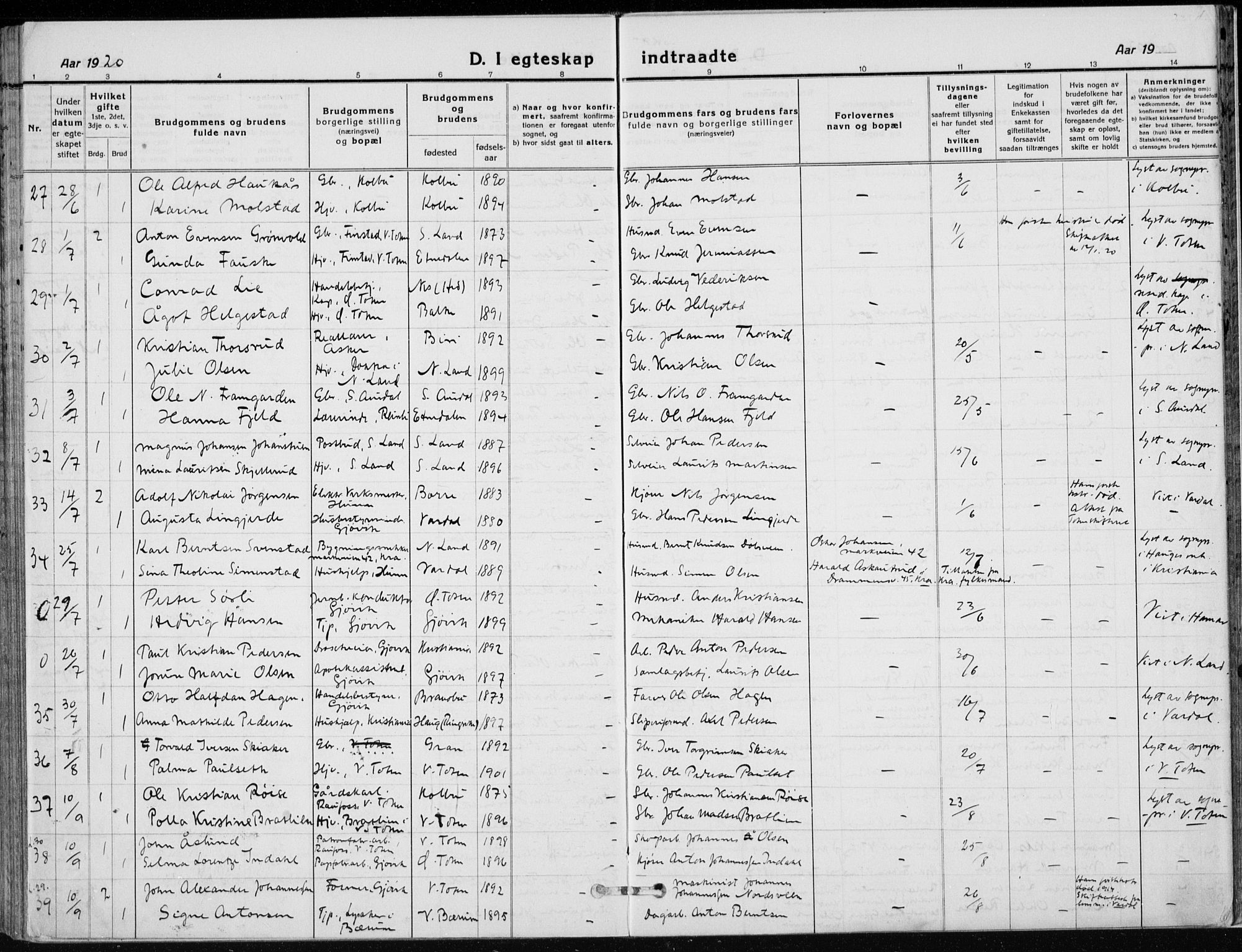 Vardal prestekontor, AV/SAH-PREST-100/H/Ha/Haa/L0014: Parish register (official) no. 14, 1912-1922