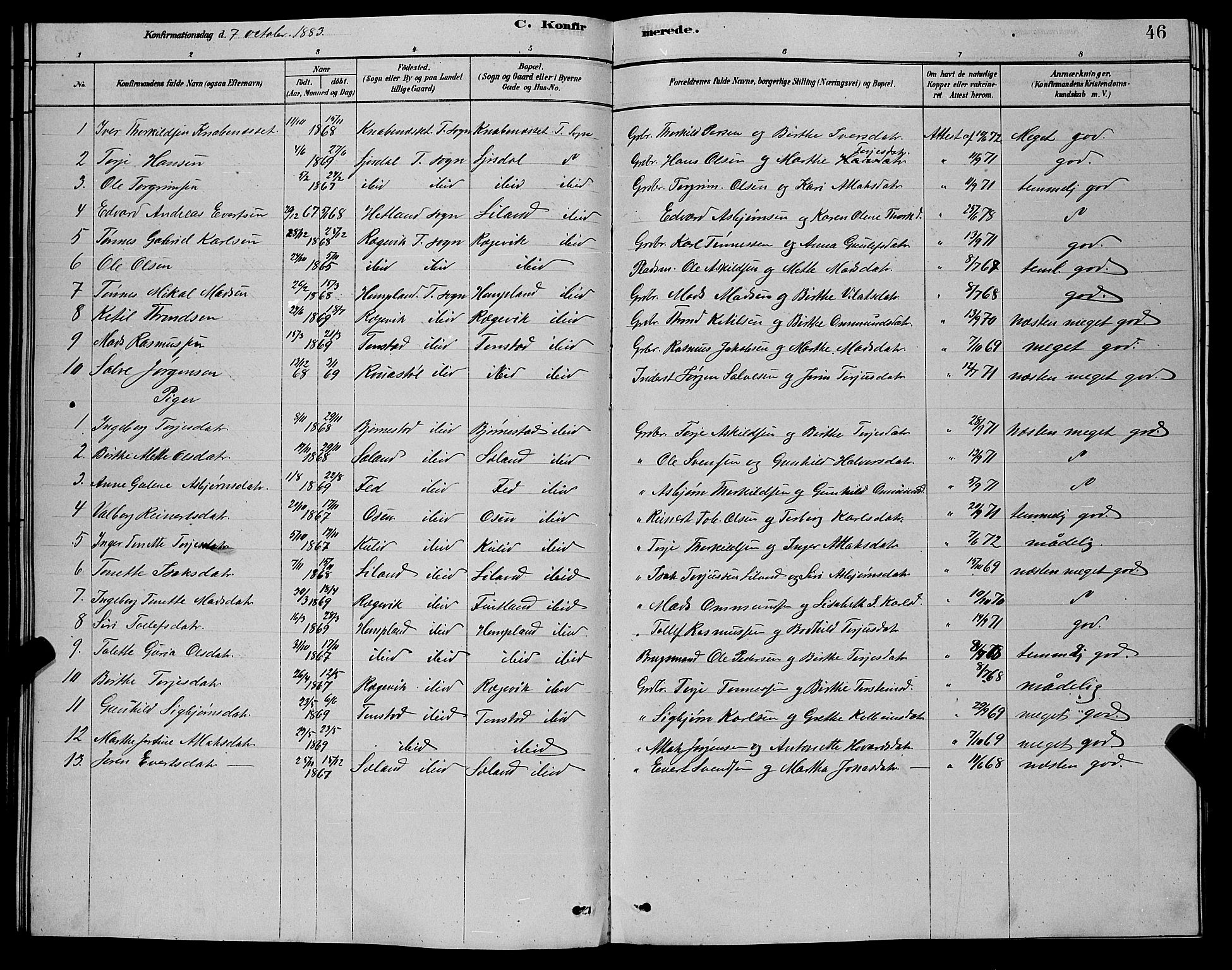 Sirdal sokneprestkontor, AV/SAK-1111-0036/F/Fb/Fbb/L0003: Parish register (copy) no. B 3, 1878-1894, p. 46