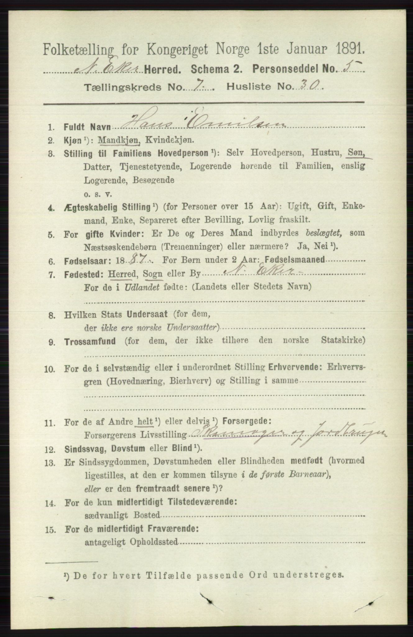RA, 1891 census for 0625 Nedre Eiker, 1891, p. 3581