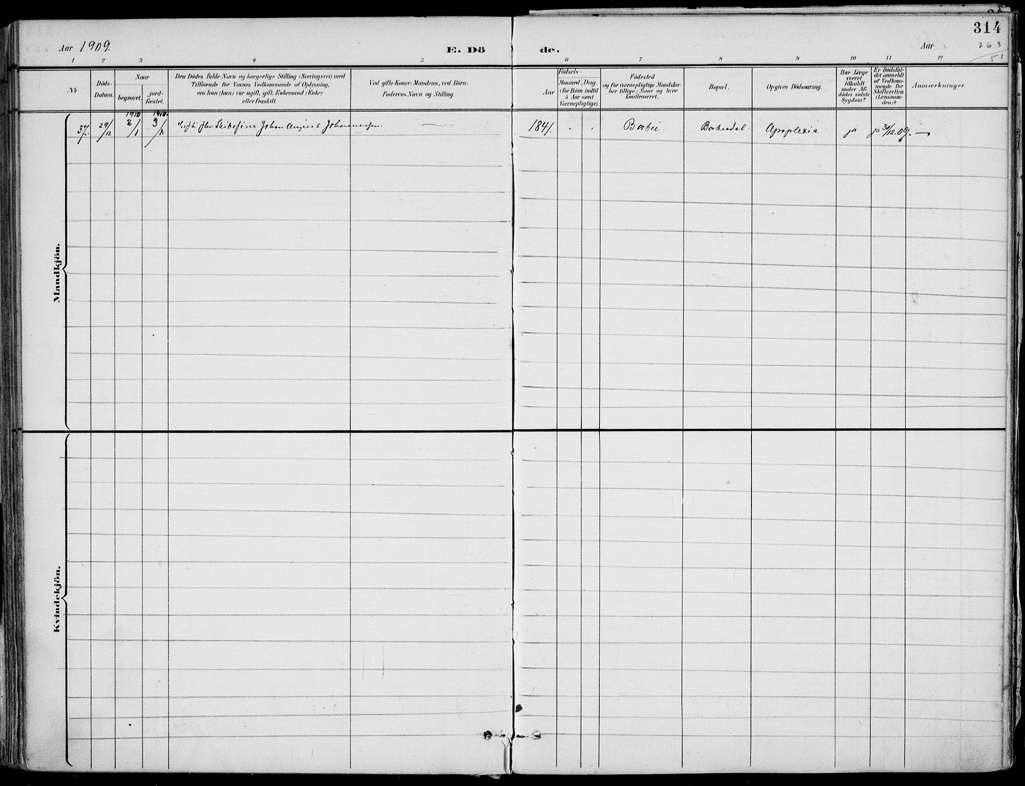Barbu sokneprestkontor, SAK/1111-0003/F/Fa/L0005: Parish register (official) no. A 5, 1899-1909, p. 314