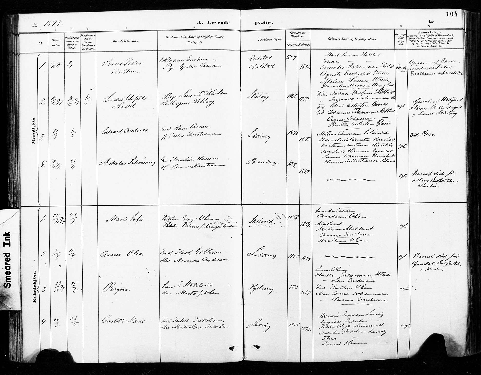 Ministerialprotokoller, klokkerbøker og fødselsregistre - Nordland, SAT/A-1459/859/L0847: Parish register (official) no. 859A07, 1890-1899, p. 104
