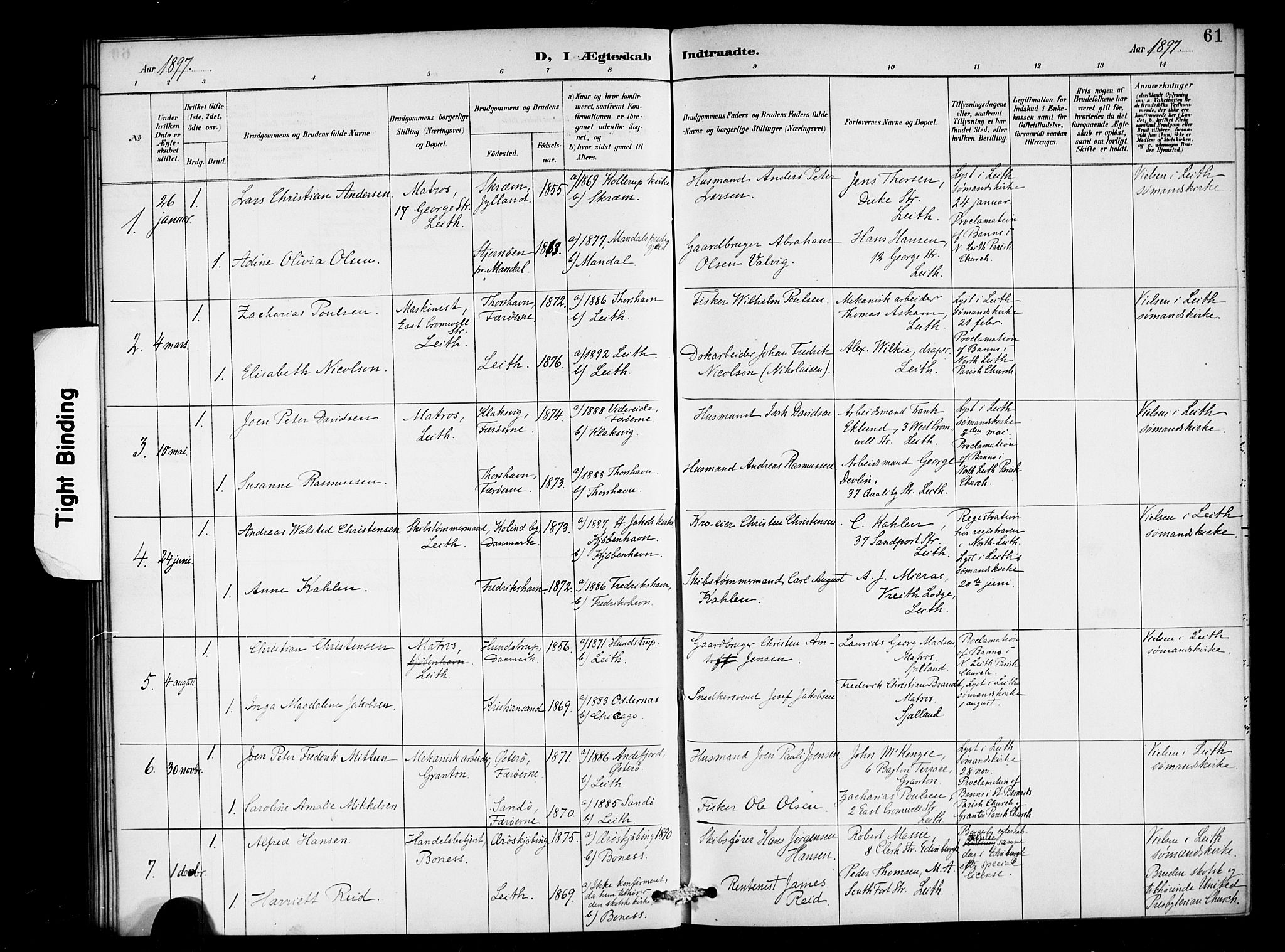 Den norske sjømannsmisjon i utlandet/Skotske havner (Leith, Glasgow), SAB/SAB/PA-0100/H/Ha/Haa/L0003: Parish register (official) no. A 3, 1887-1898, p. 61