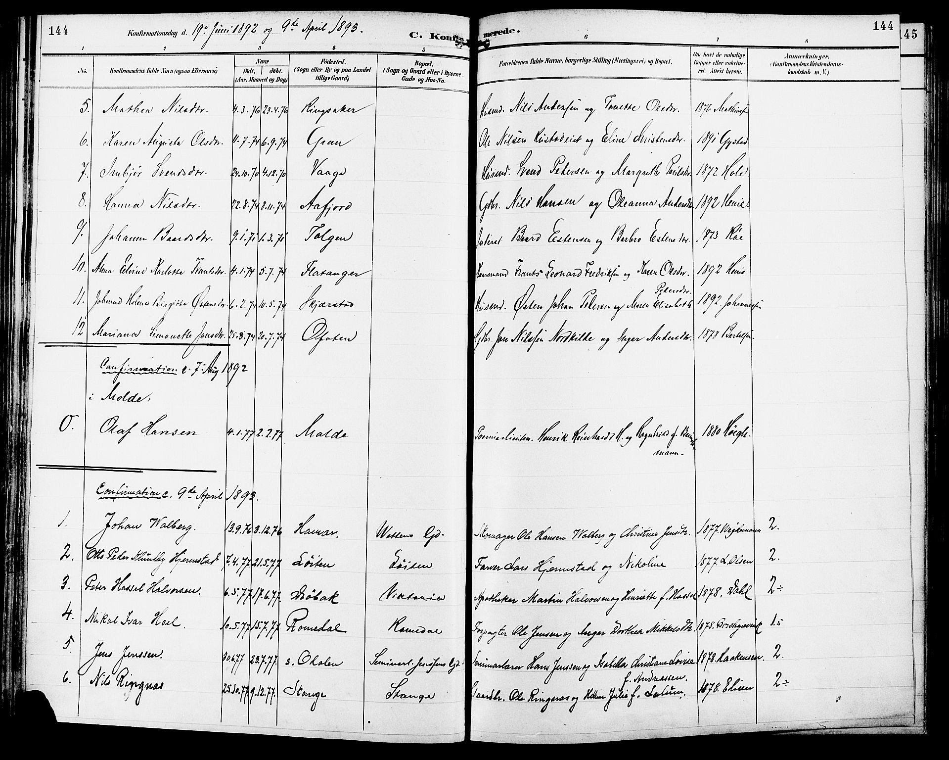 Vang prestekontor, Hedmark, SAH/PREST-008/H/Ha/Haa/L0017: Parish register (official) no. 17, 1890-1899, p. 144